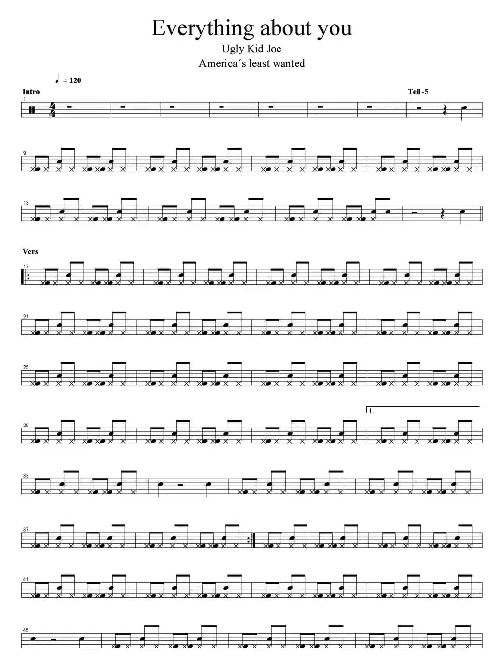 爵士鼓谱：Ugly Kid Joe - Everything about you