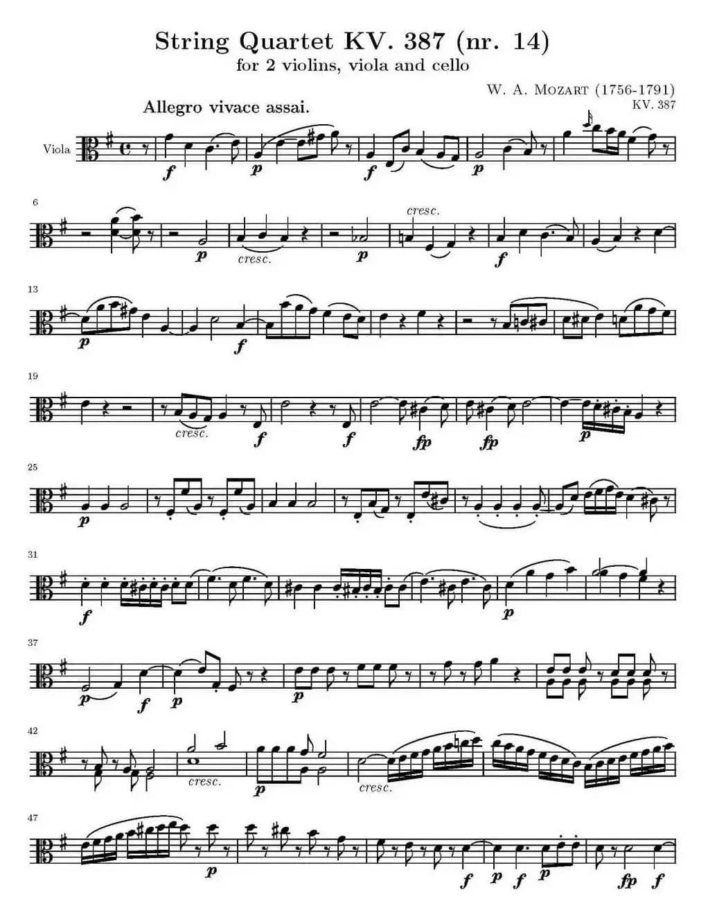 String Quartet KV.387（弦乐四重奏中提琴分谱）