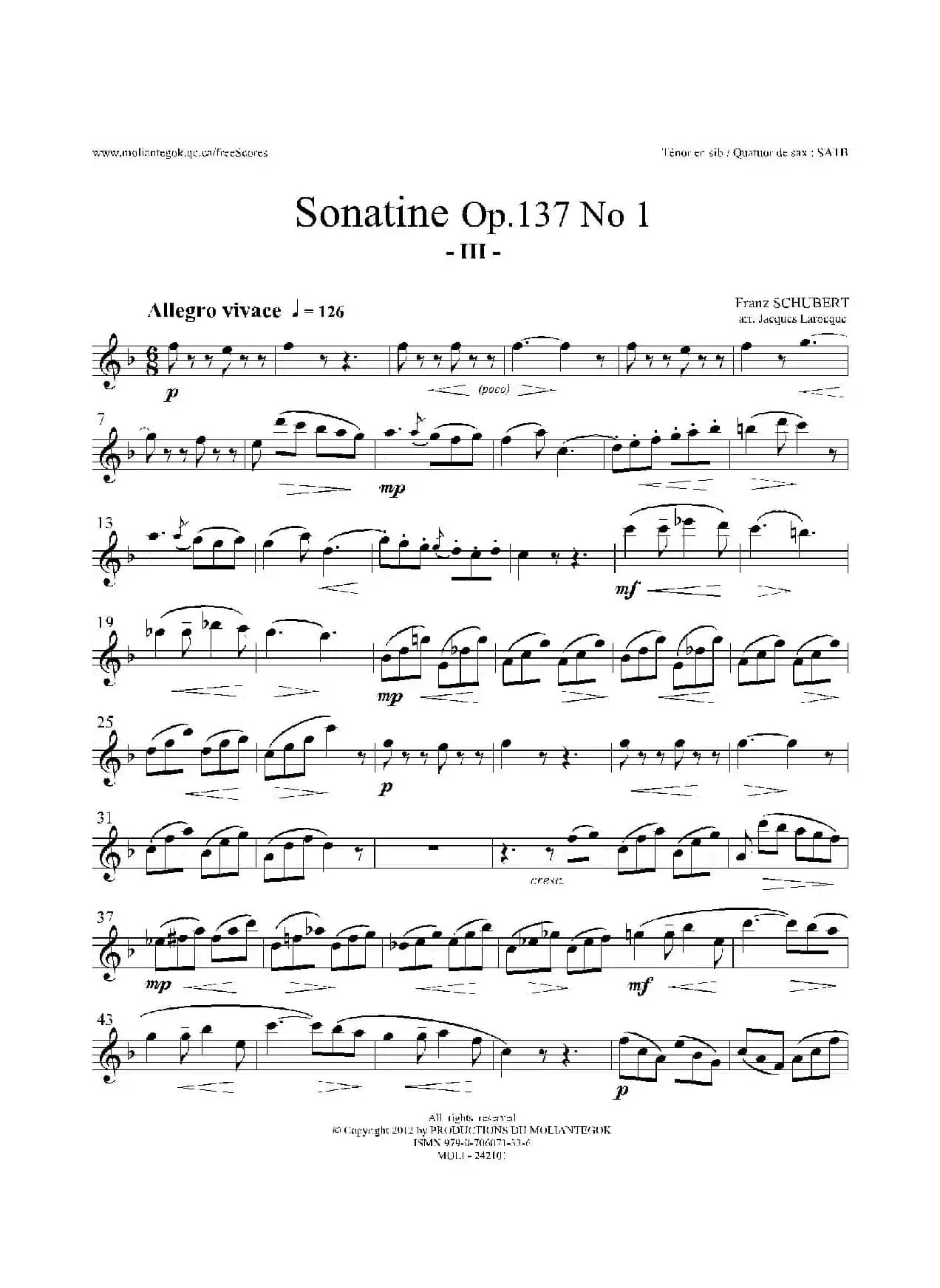 Sonatine Op.137 No 1（四重奏次中音萨克斯分谱）