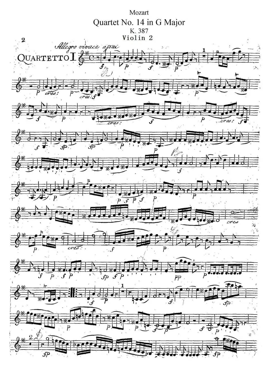 Mozart《Quartet No.14 in G Major,K.387》（Violin 2分谱）