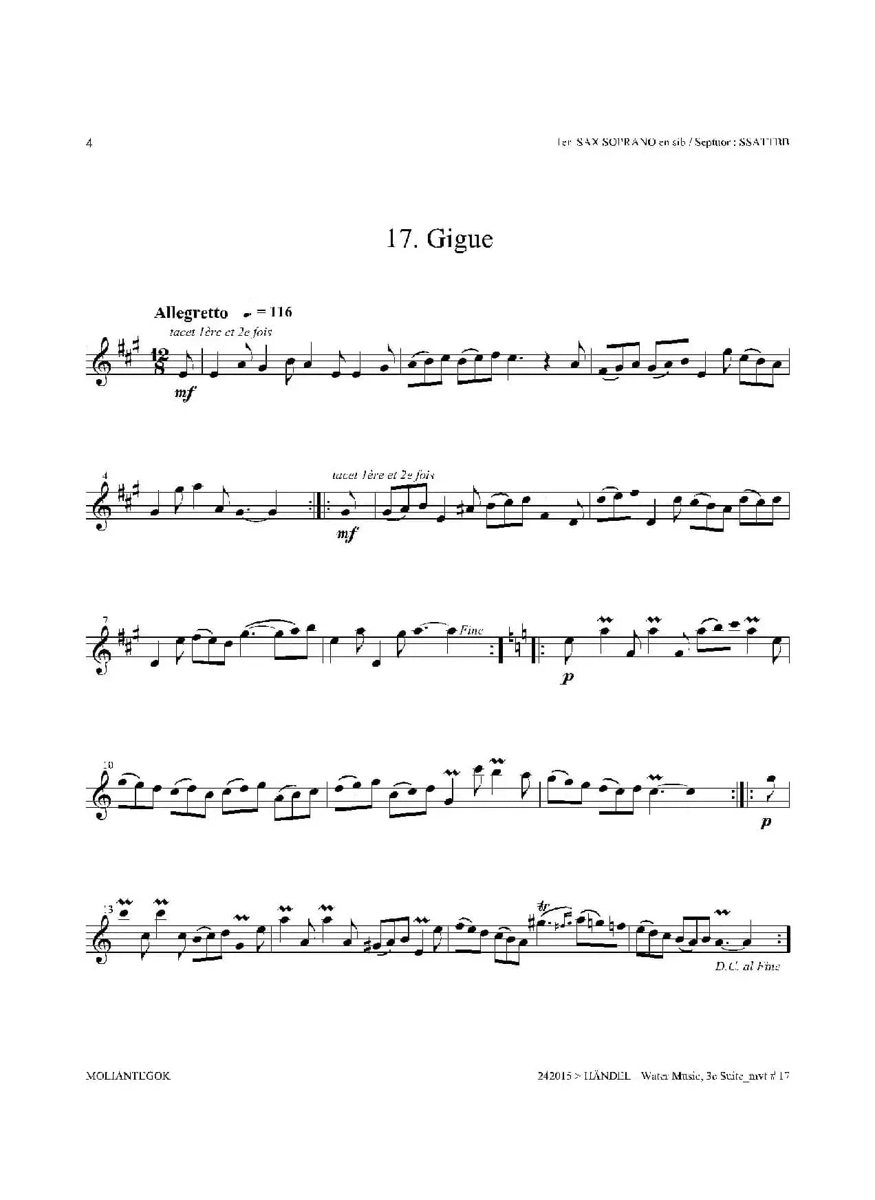 Water Music（HWV.350 No.3）（第一高音萨克斯）
