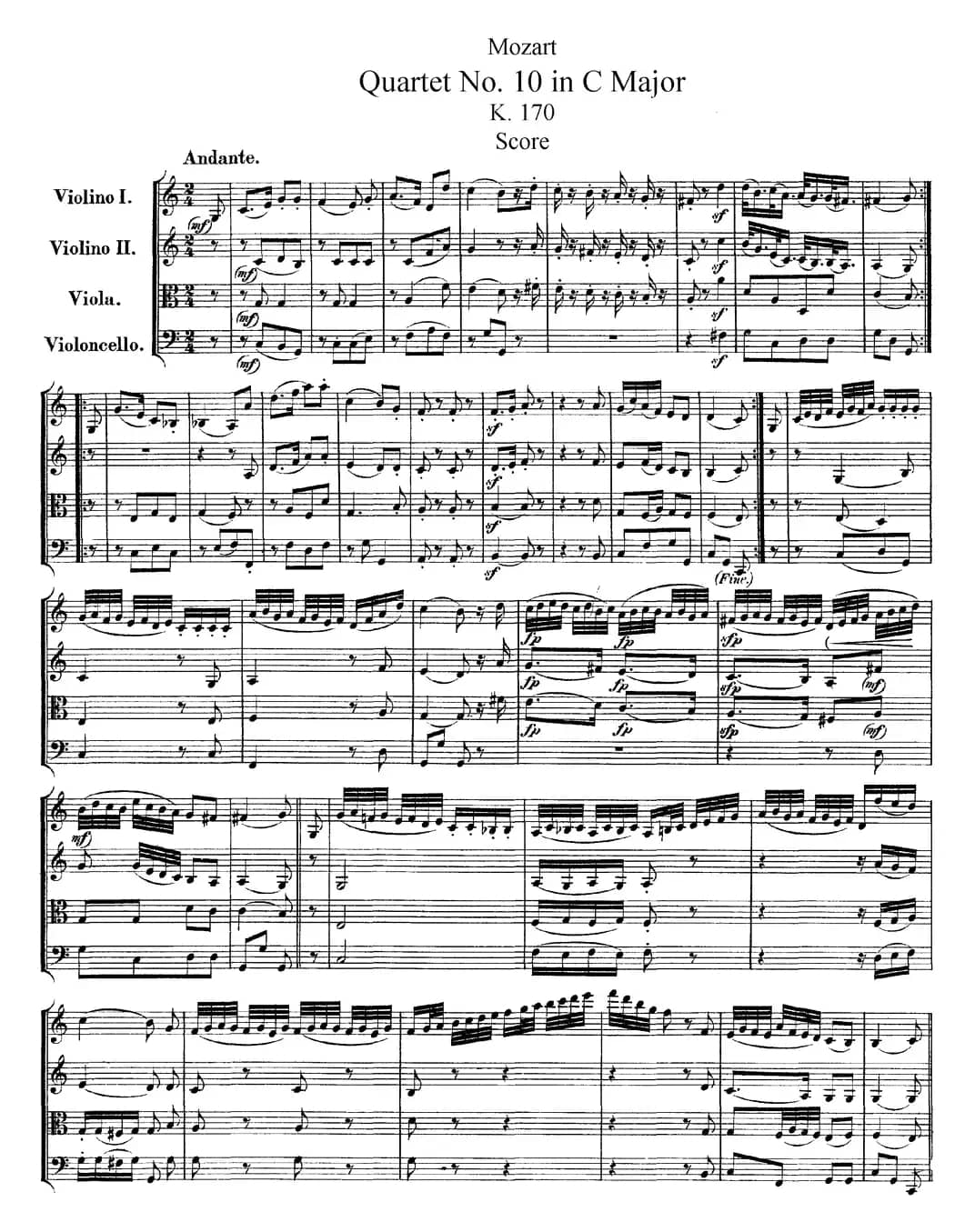 Mozart《Quartet No.10 in C Major,K.170》（总谱）