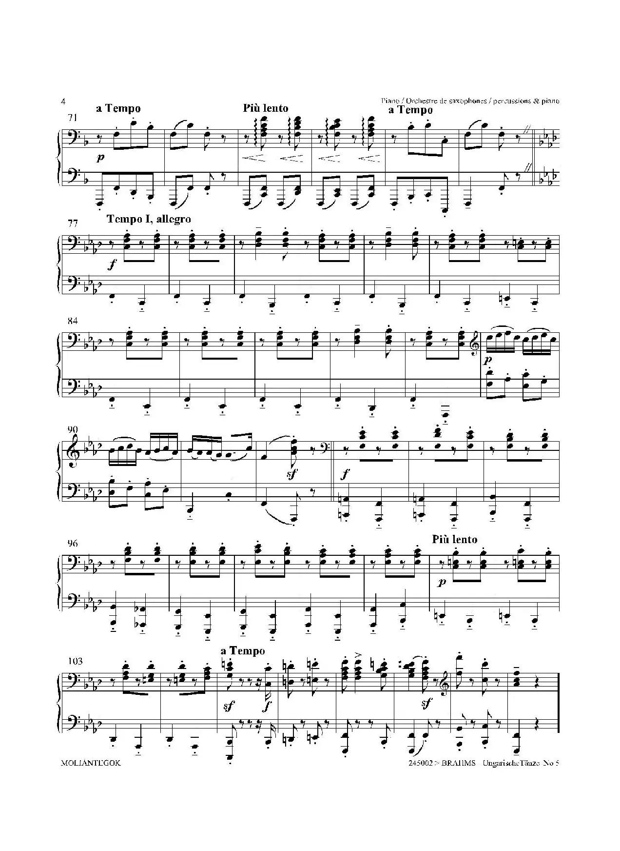 Ungarische Tnze No 5（十五重奏​Piano分谱）