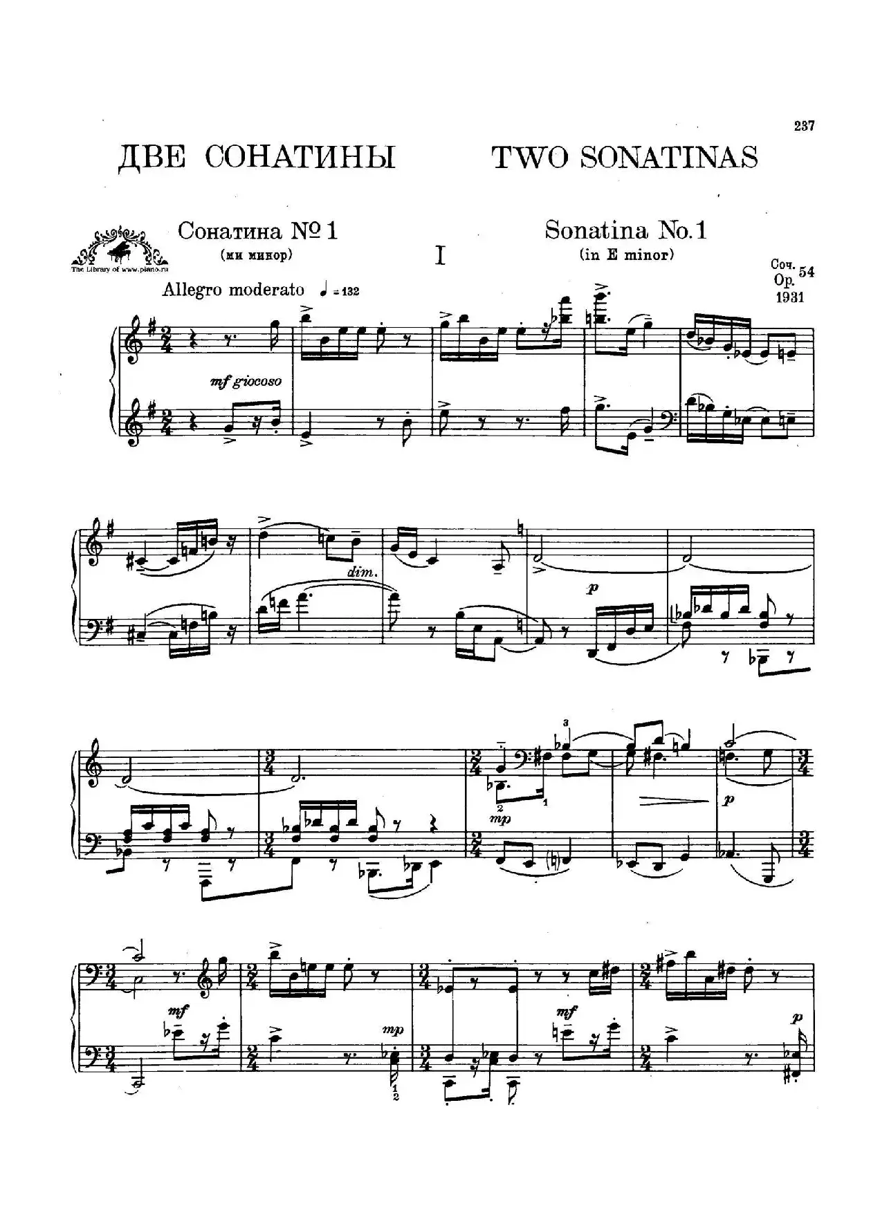 Two Sonatinas for Piano Op.54 No.1（2首钢琴小奏鸣曲·1）