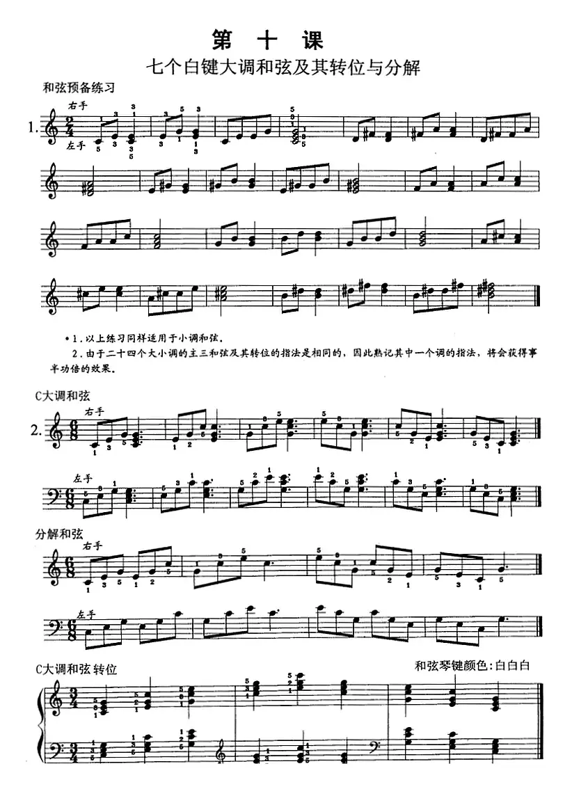 钢琴综合教程：第十课 七个白键大调和弦及其转位与分解