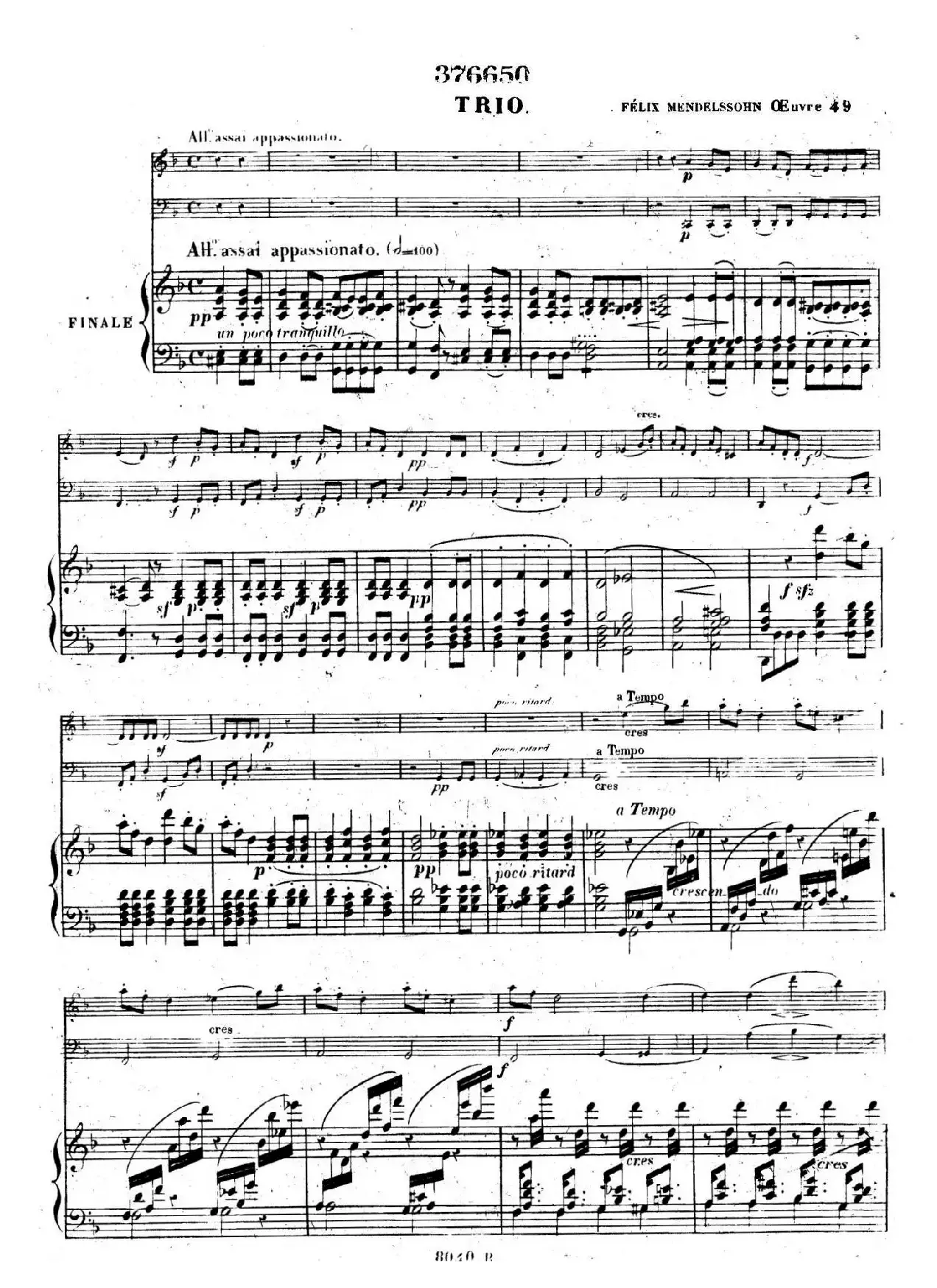 Piano Trio No.1 in d Minor Op.49（d小调第一钢琴三重奏·第四乐章）