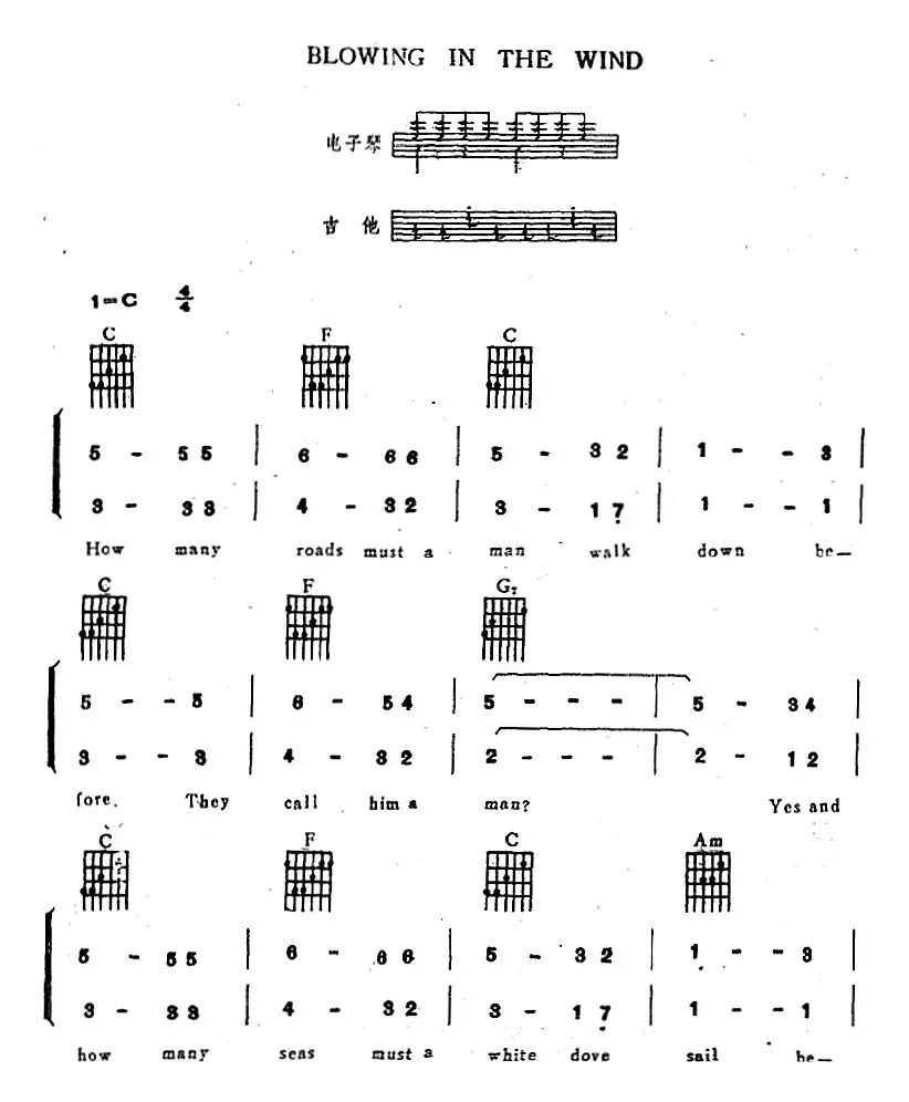 BLOWING IN THE WIND（电子琴吉他弹唱谱）