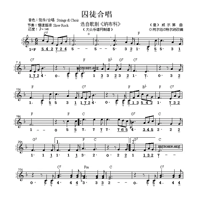 囚徒合唱（线简谱混排版）