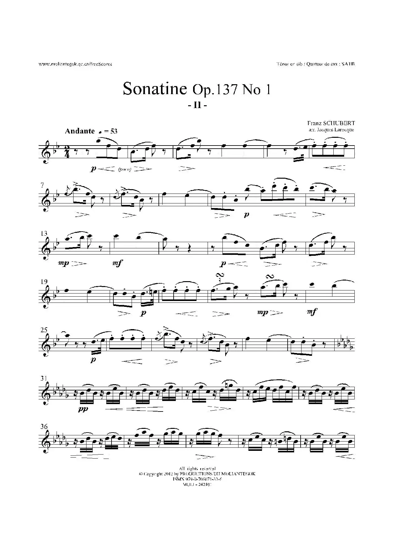 Sonatine Op.137 No 1（四重奏次中音萨克斯分谱）