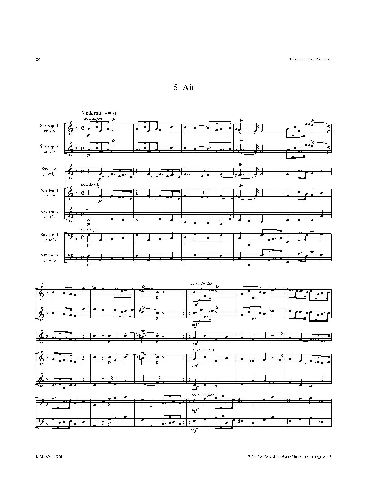 Water Music（HWV.348 No.1）（萨克斯合奏总谱）