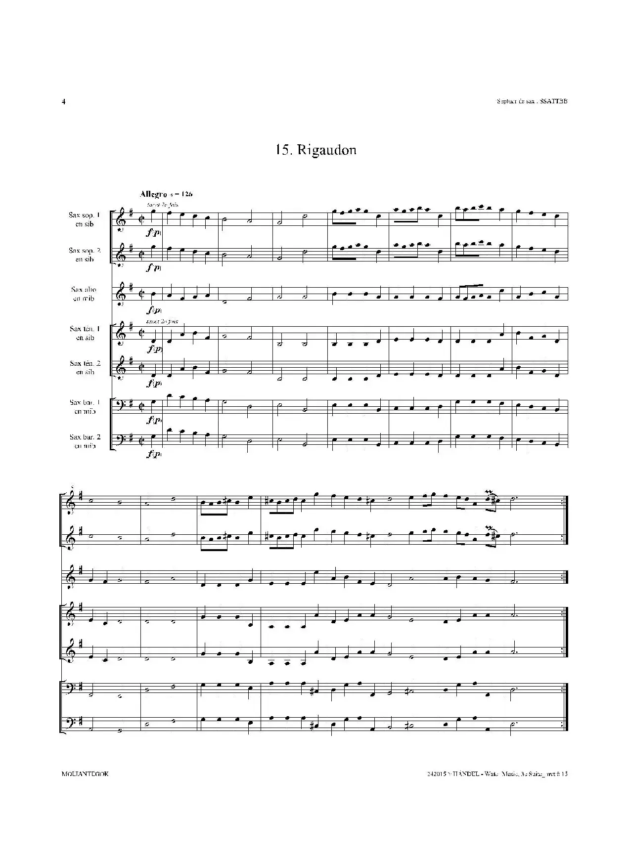 Water Music（HWV.350 No.3）（萨克斯合奏总谱）