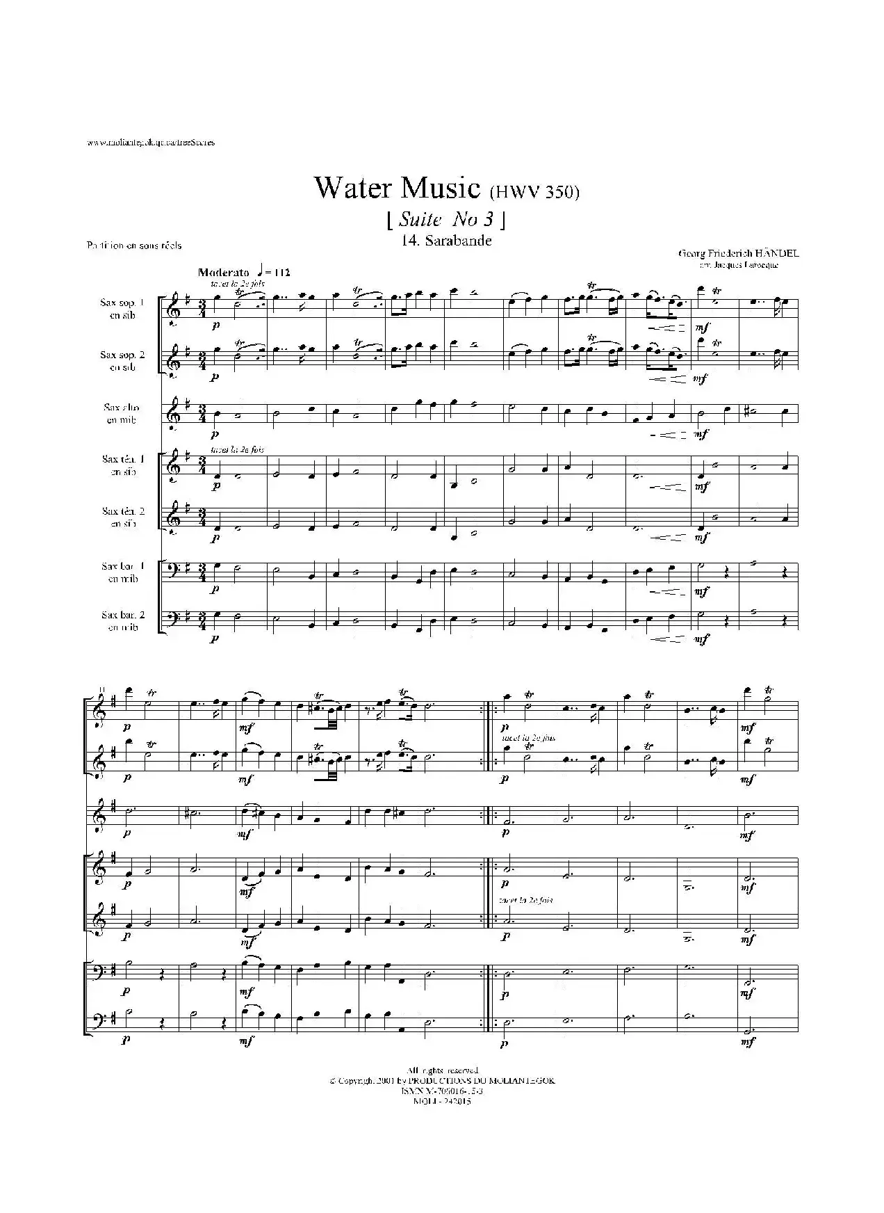 Water Music（HWV.350 No.3）（萨克斯合奏总谱）