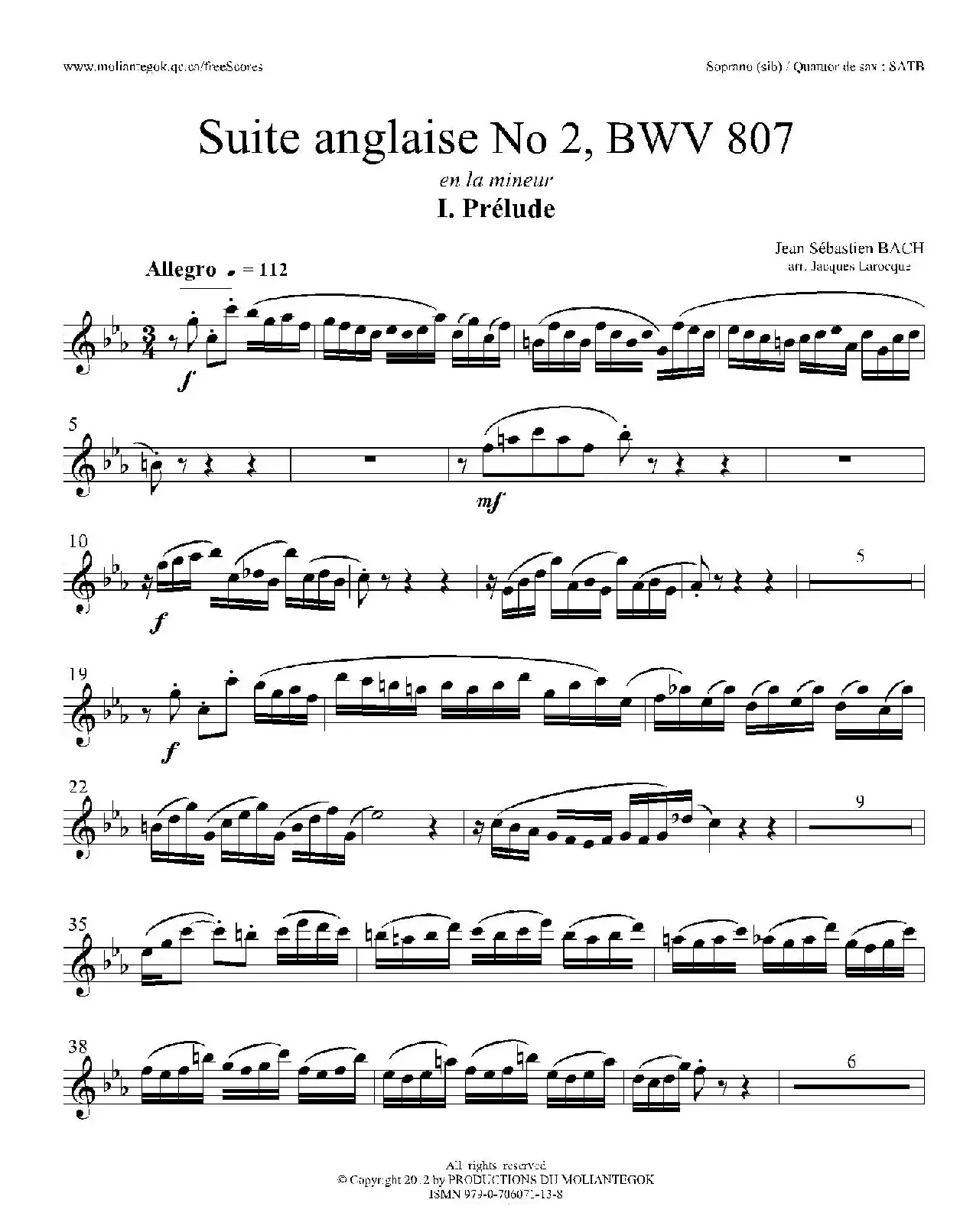 Suite anglaise No 2,BWV 807（法国组曲之二·前奏曲）（高音萨克斯分谱）