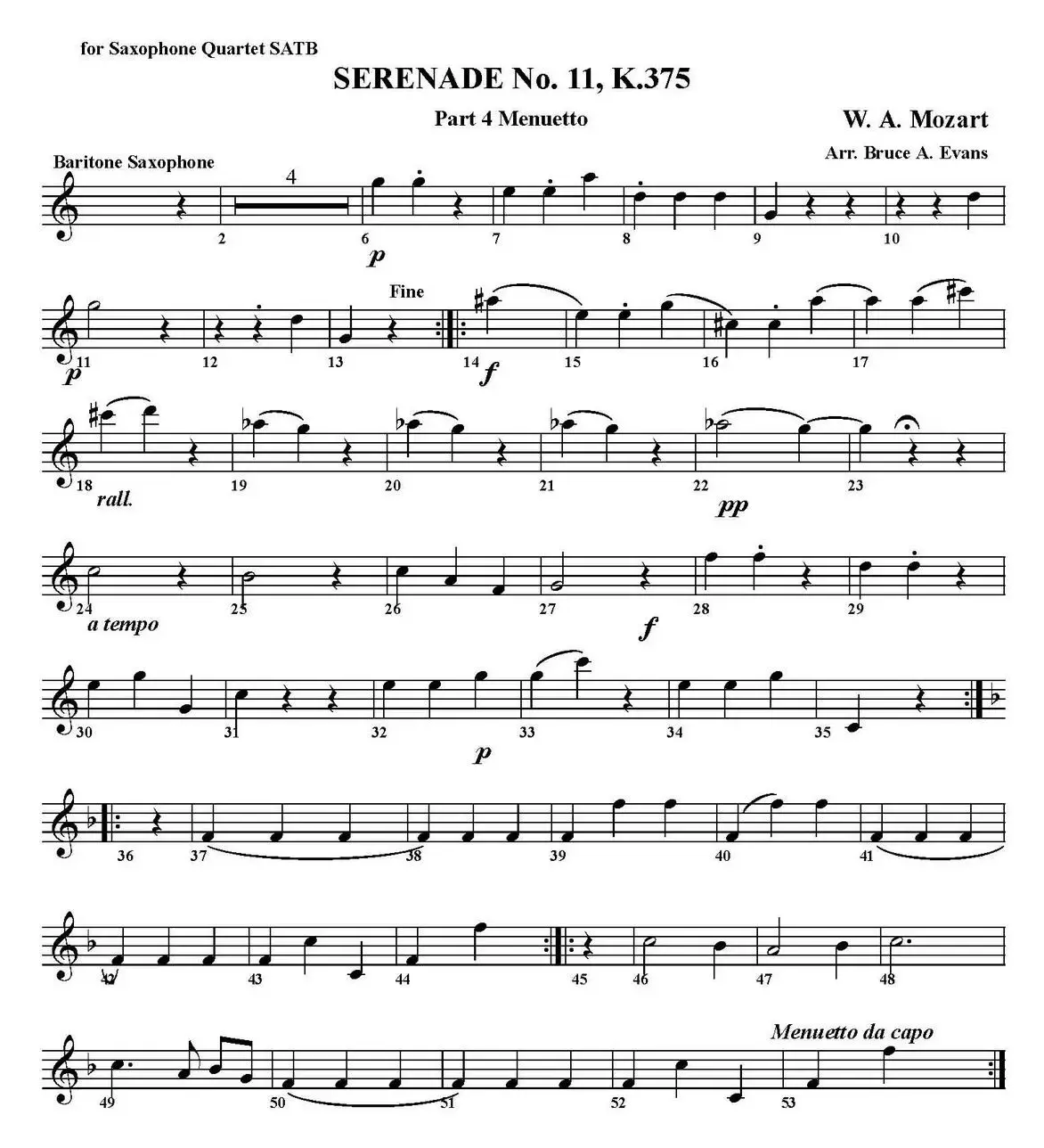 SERENADE No.11，K.375 Part 4 Menuetto（四重奏·上低音萨克斯分谱）