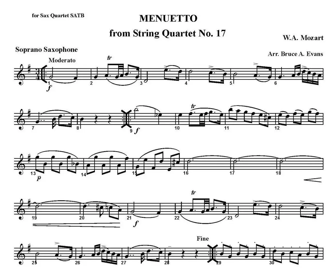 MENUETTO from String Quartet No.17（四重奏·高音萨克斯分谱）