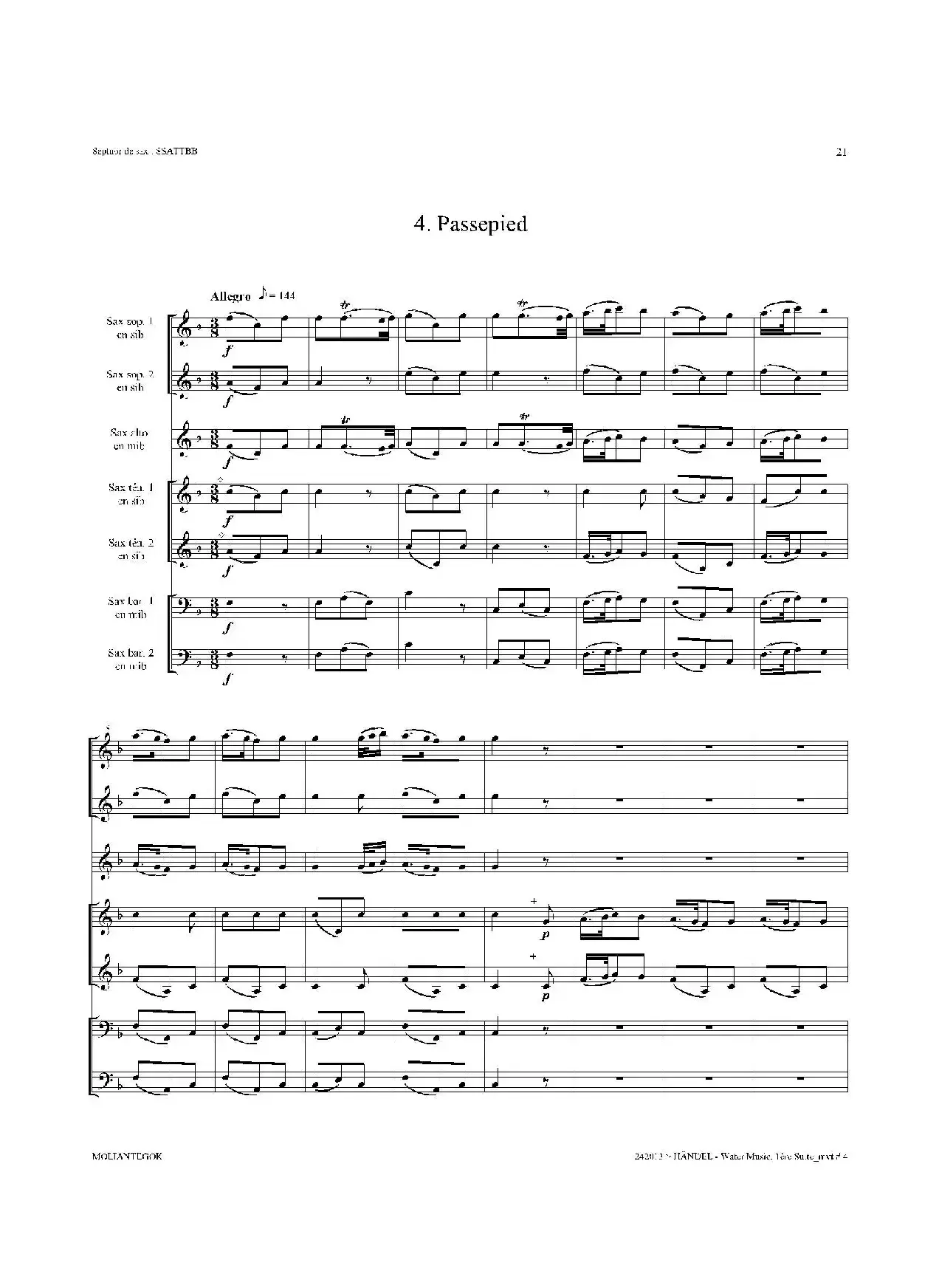 Water Music（HWV.348 No.1）（萨克斯合奏总谱）