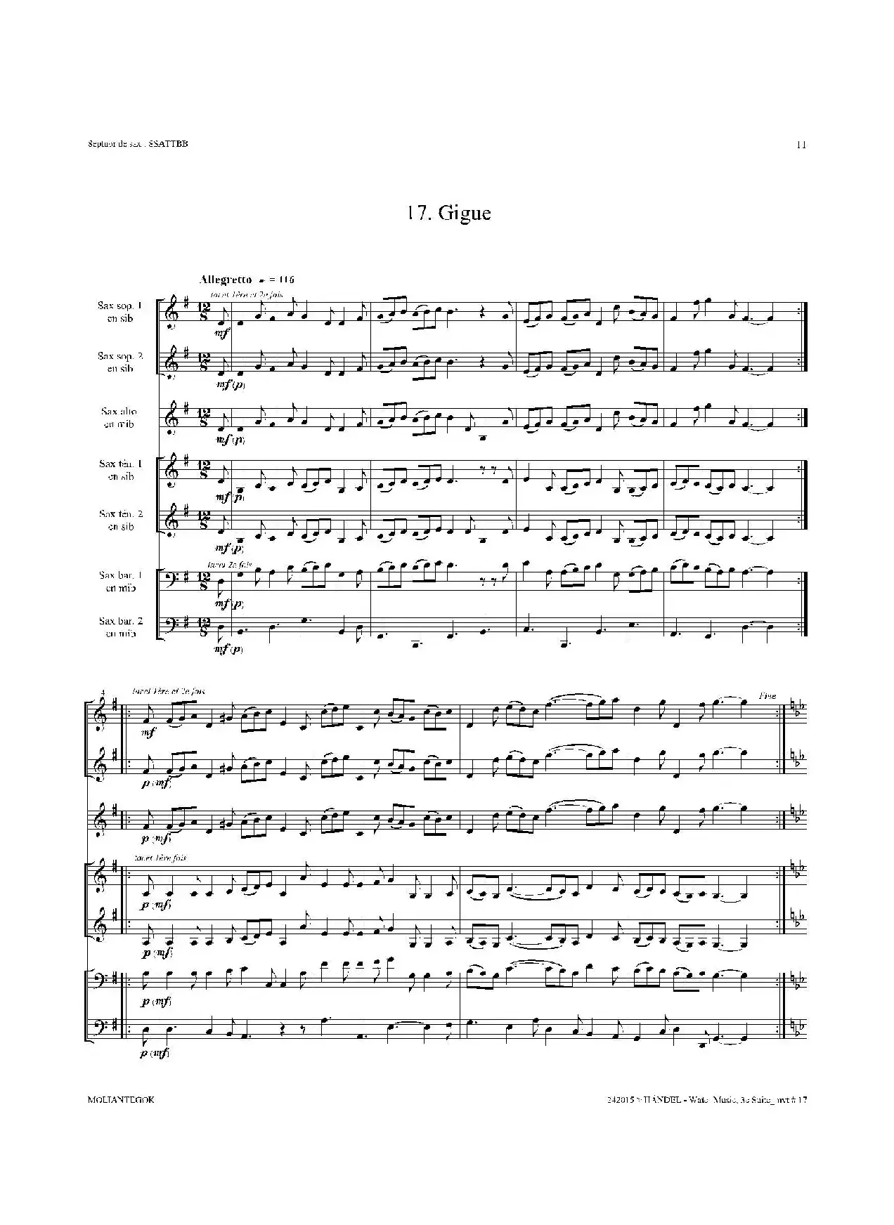 Water Music（HWV.350 No.3）（萨克斯合奏总谱）