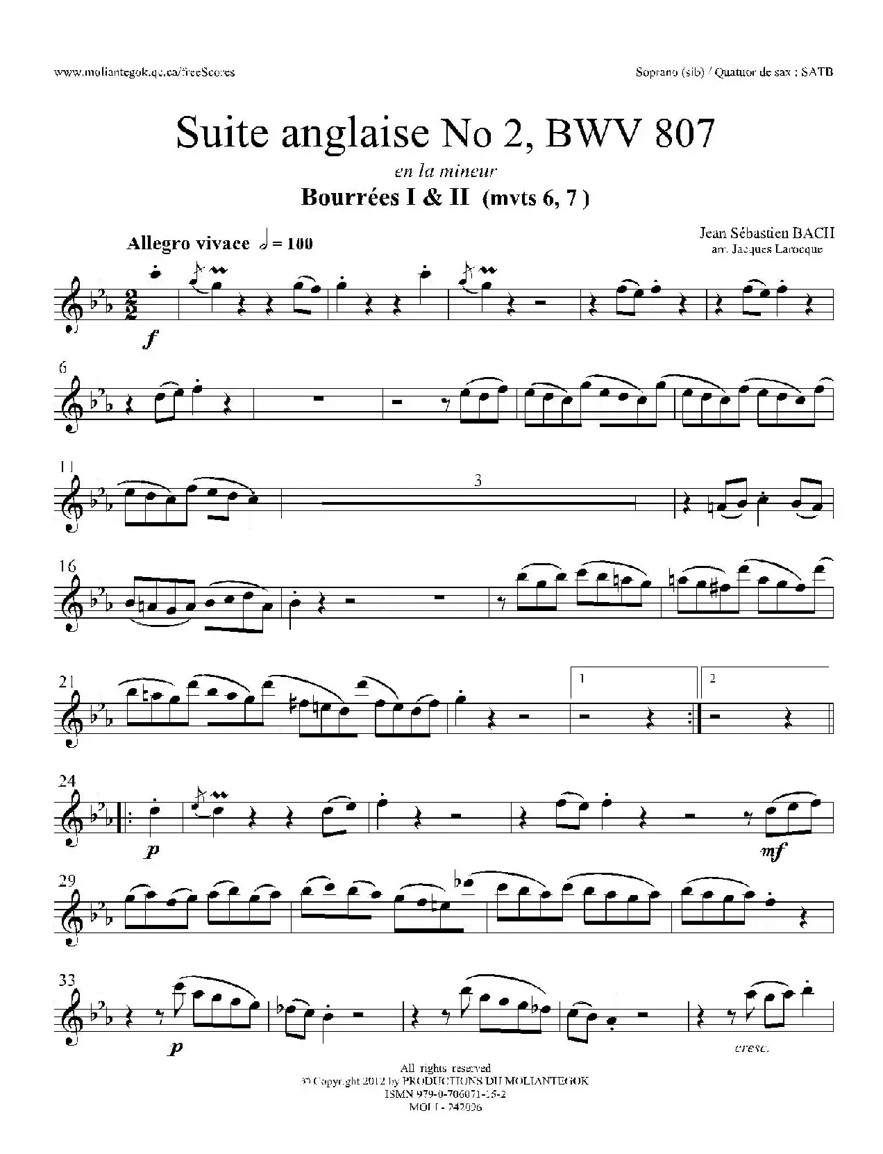Suite anglaise No 2,BWV 807（法国组曲之二·布列舞曲）（高音萨克斯分谱）