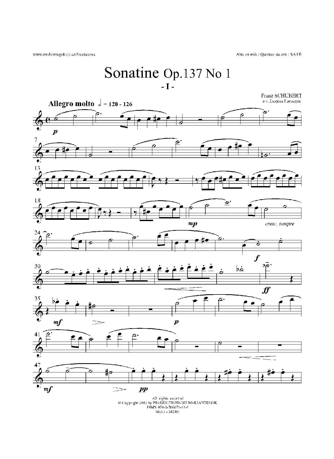 Sonatine Op.137 No 1（四重奏中音萨克斯分谱）