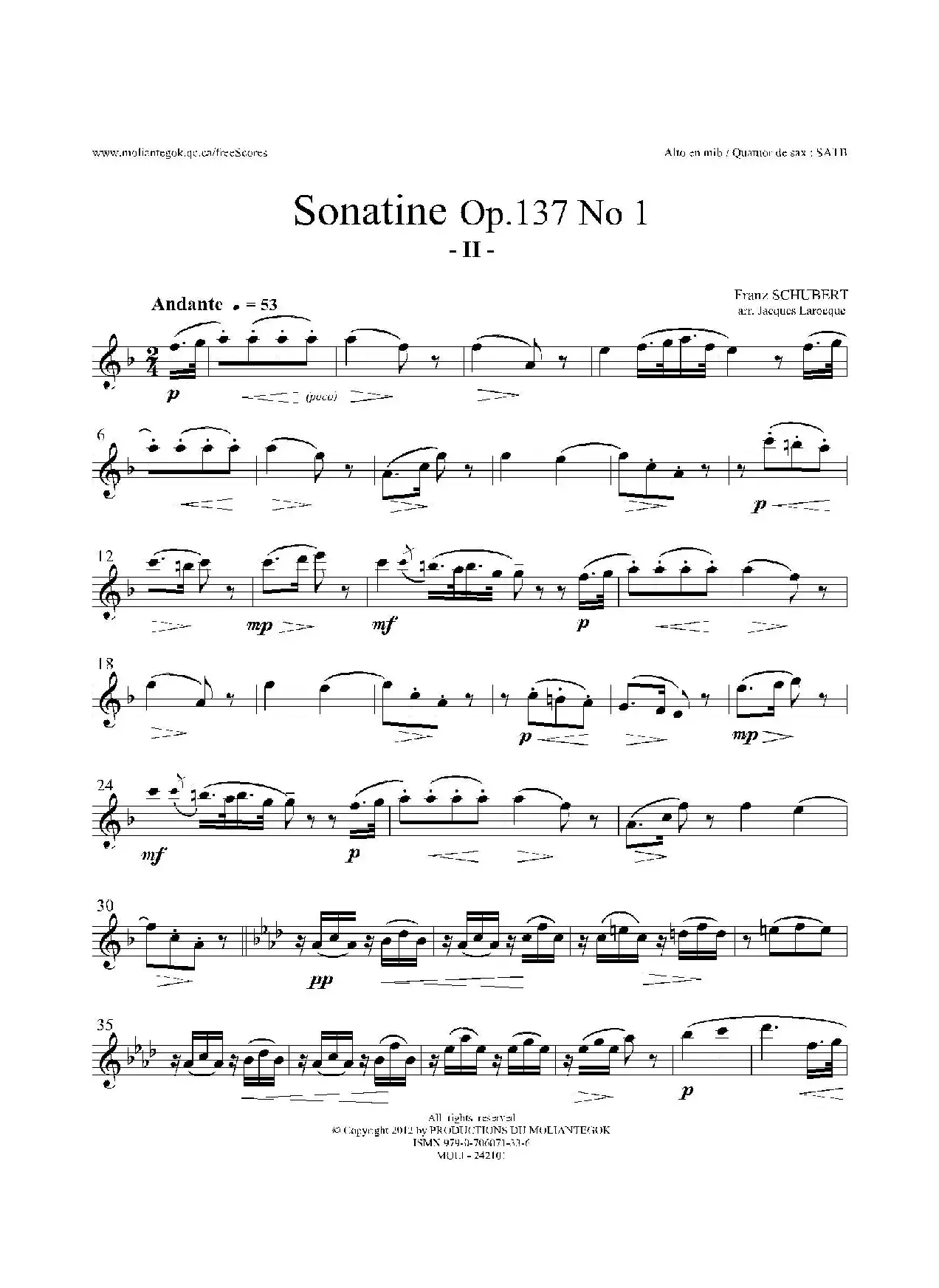 Sonatine Op.137 No 1（四重奏中音萨克斯分谱）