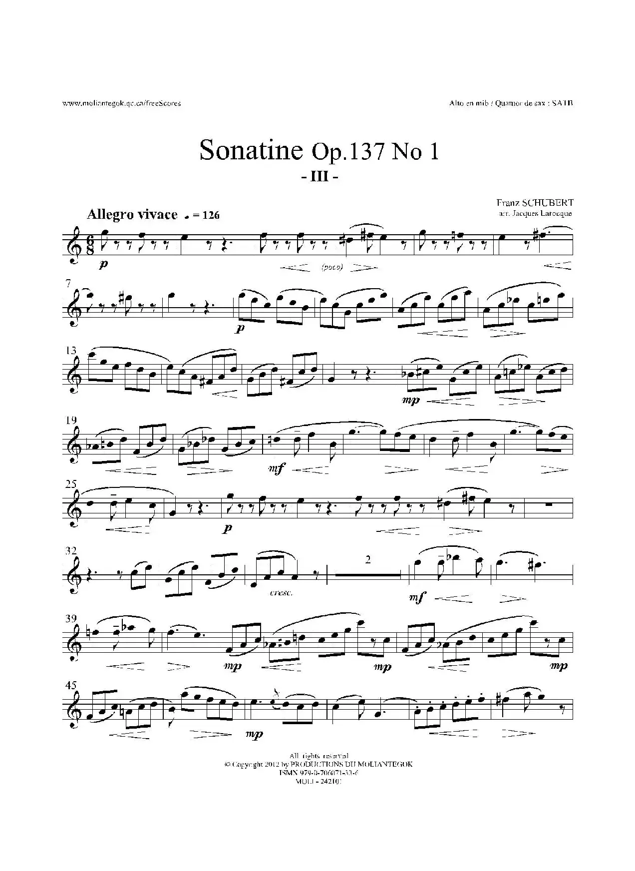 Sonatine Op.137 No 1（四重奏中音萨克斯分谱）