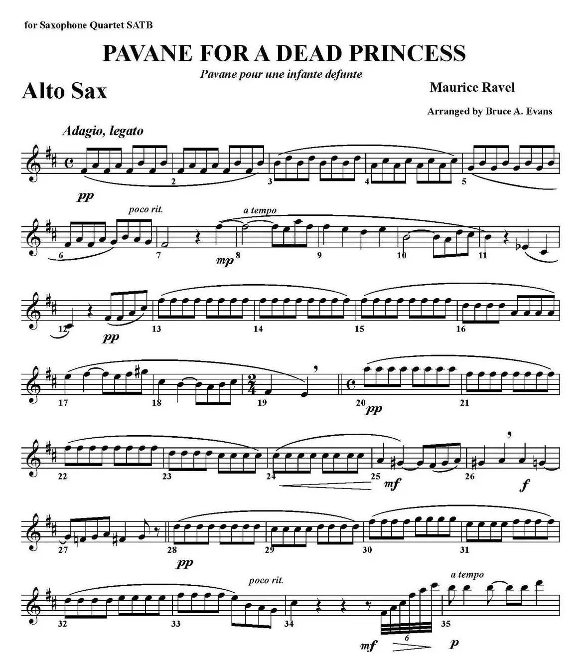 PAVANE FOR A DEAD PRINCESS（四重奏·中音萨克斯分谱）