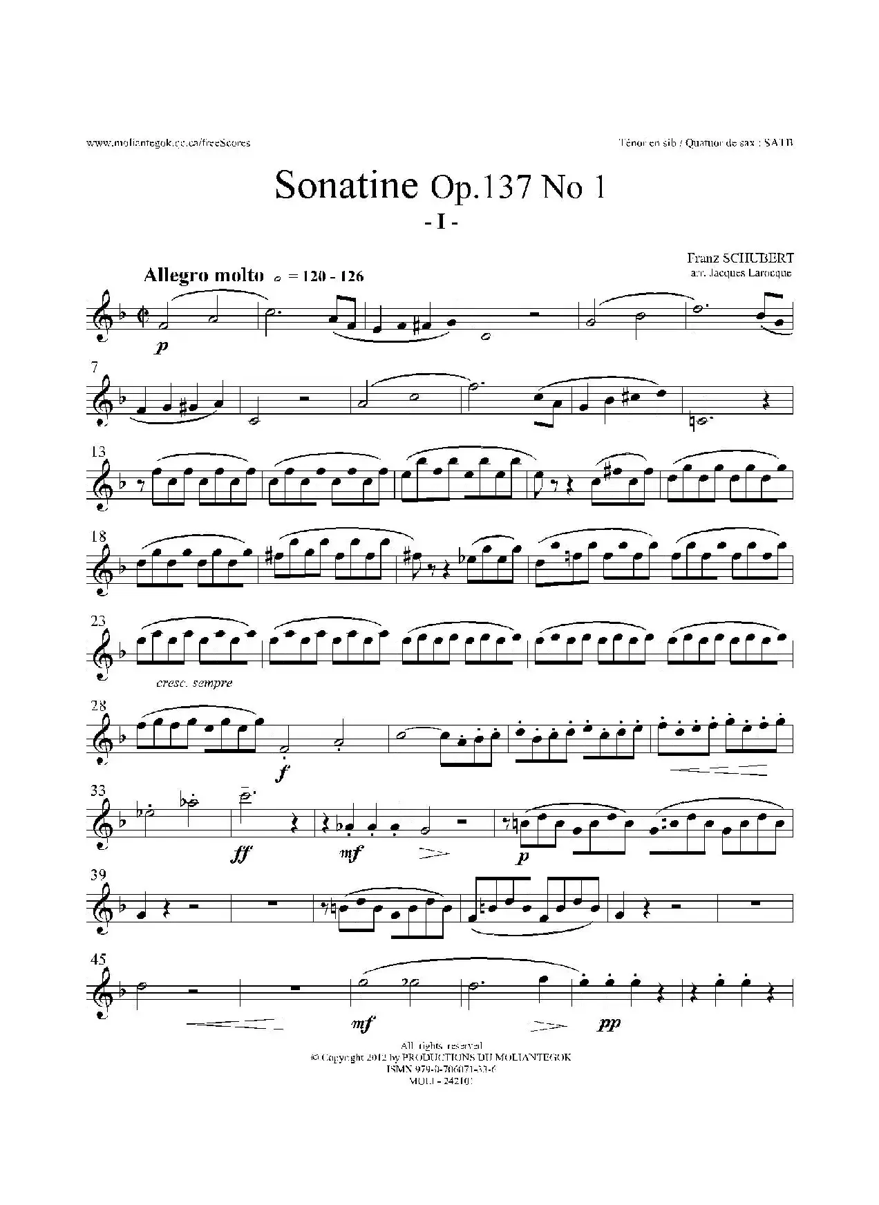 Sonatine Op.137 No 1（四重奏次中音萨克斯分谱）