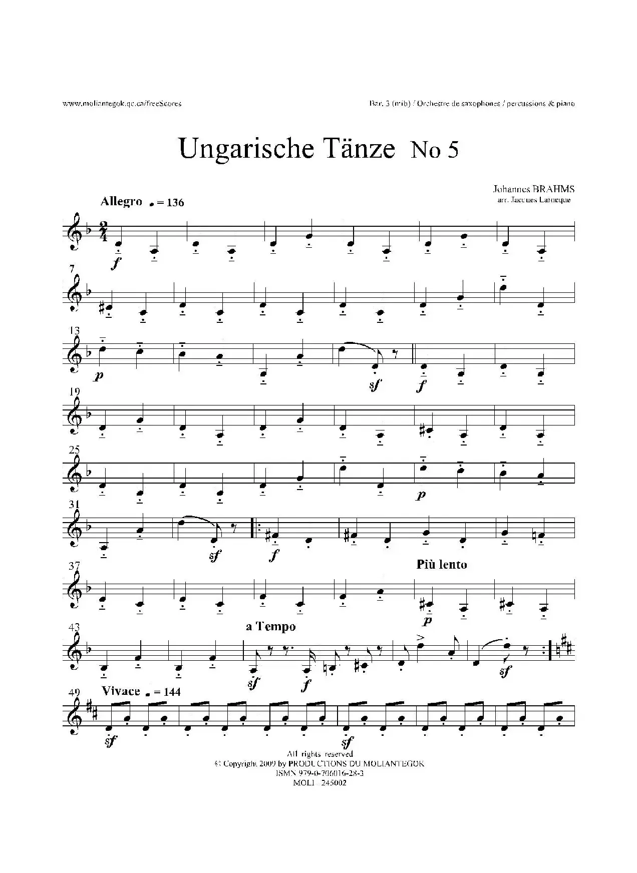 Ungarische Tnze No 5（十五重奏Bar.1-2-3分谱）