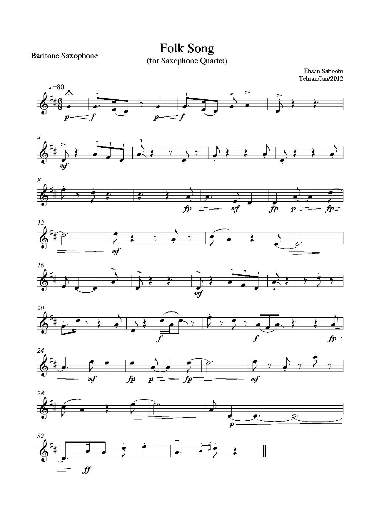 Folk Song（四重奏上低音萨克斯分谱）