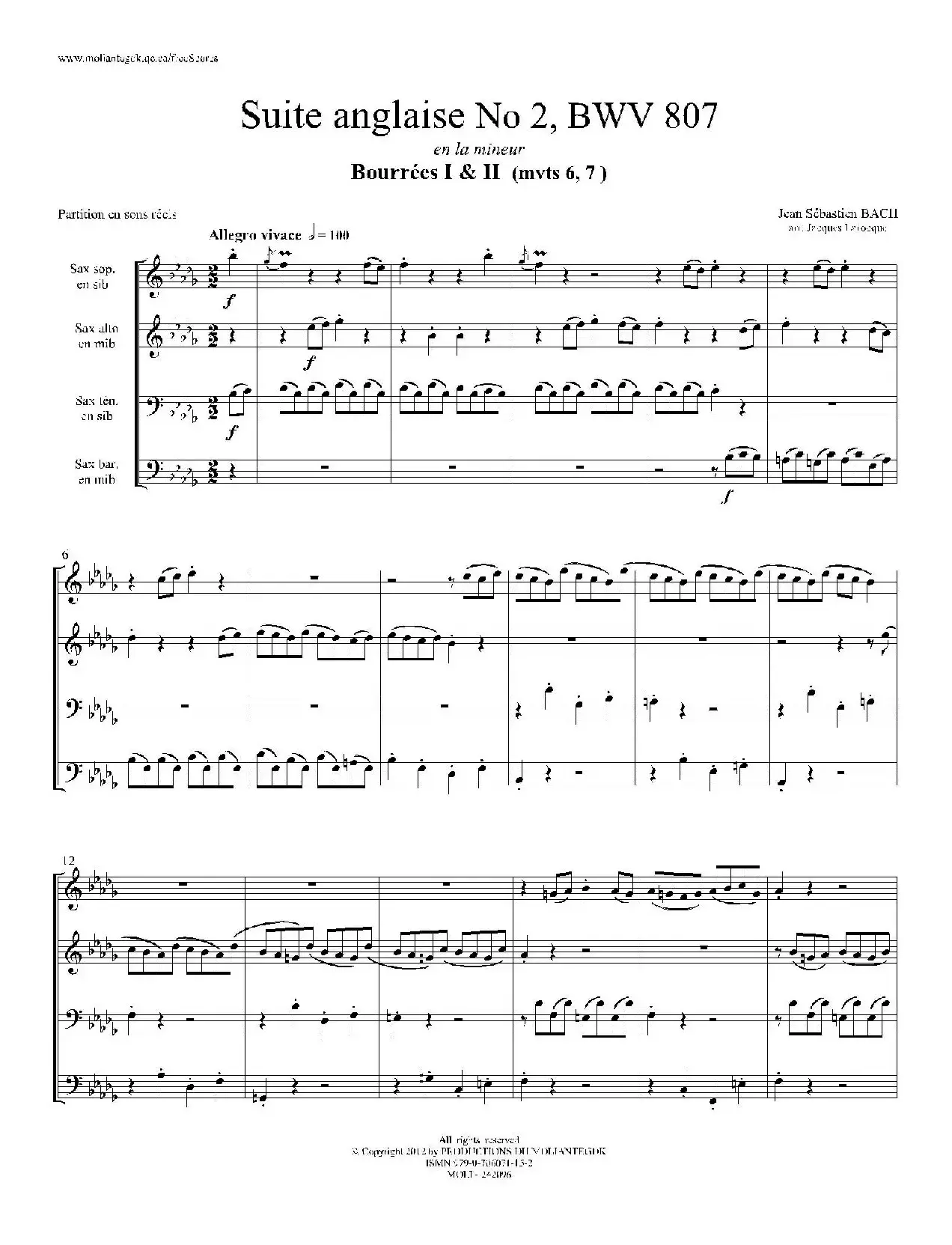 Suite anglaise No 2,BWV 807（法国组曲之二·布列舞曲）（四重奏总谱）