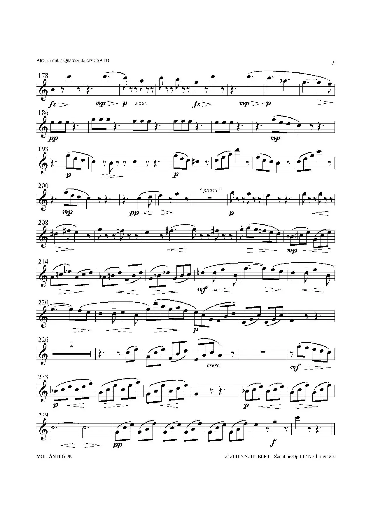 Sonatine Op.137 No 1（四重奏中音萨克斯分谱）