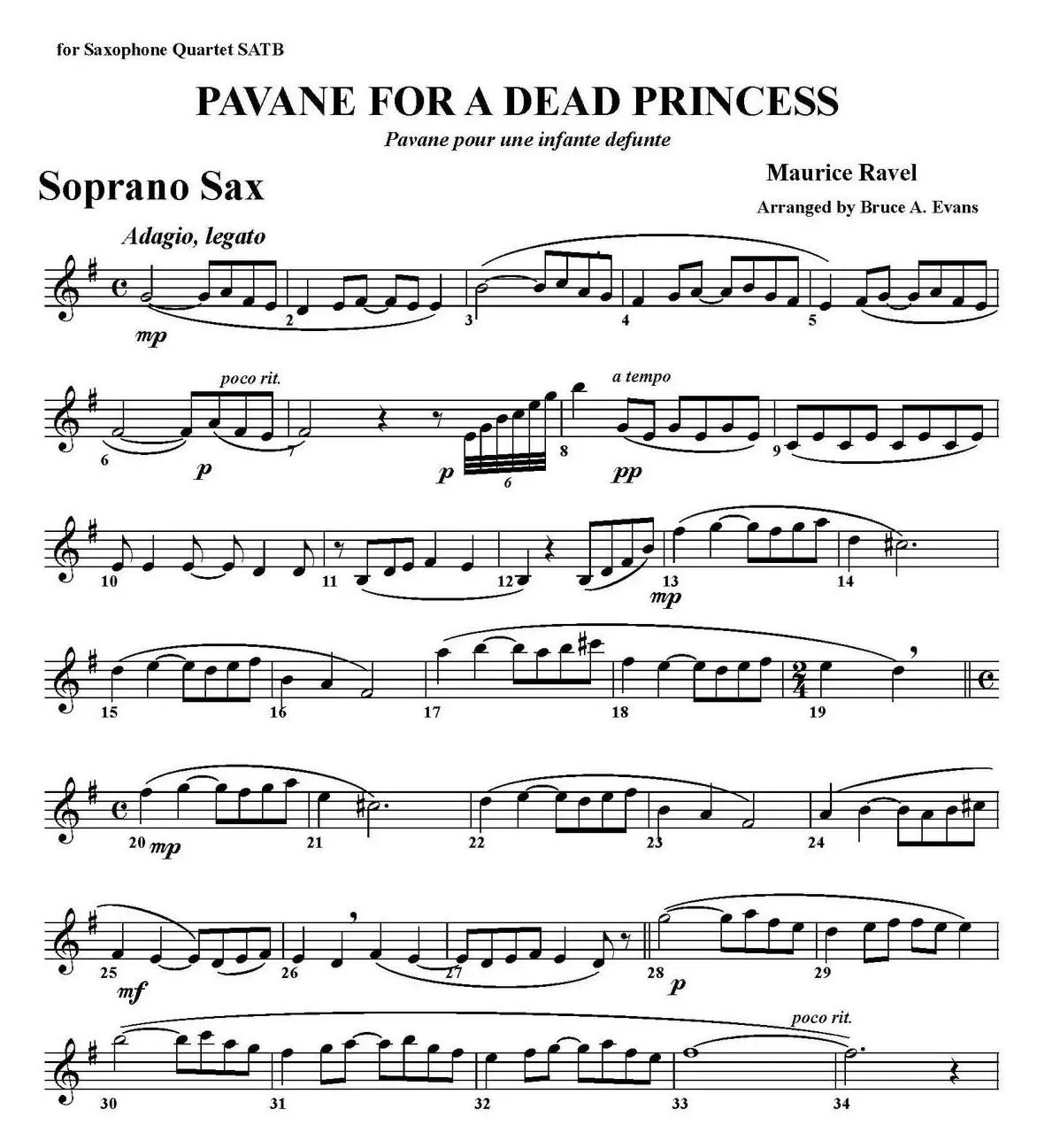 PAVANE FOR A DEAD PRINCESS（四重奏·高音萨克斯分谱）