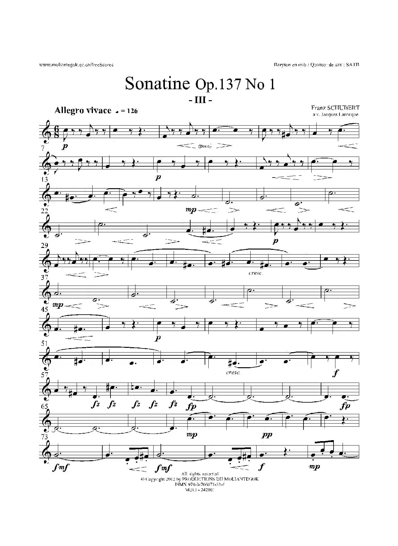 Sonatine Op.137 No 1（四重奏上低音萨克斯分谱）