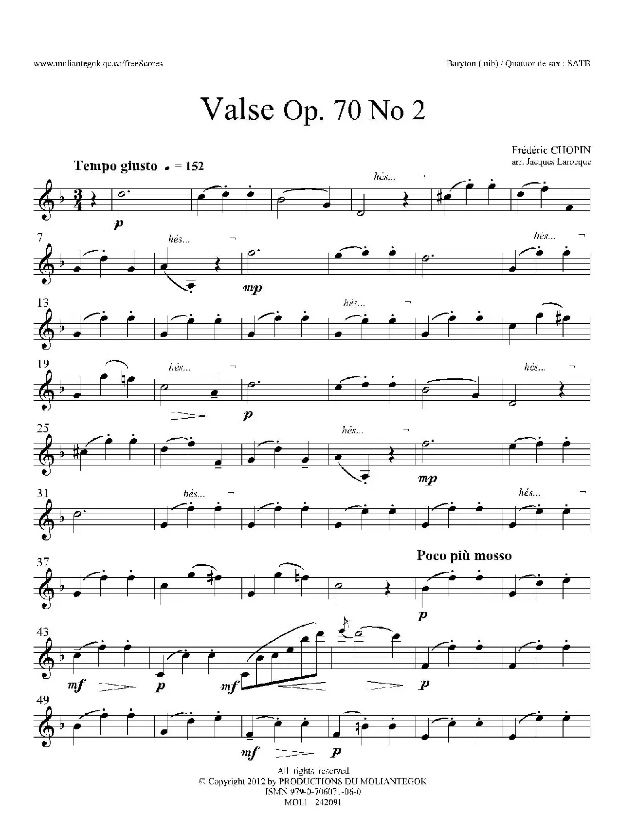 f小调圆舞曲 Op.70 No.2（四重奏上低音萨克斯分谱）