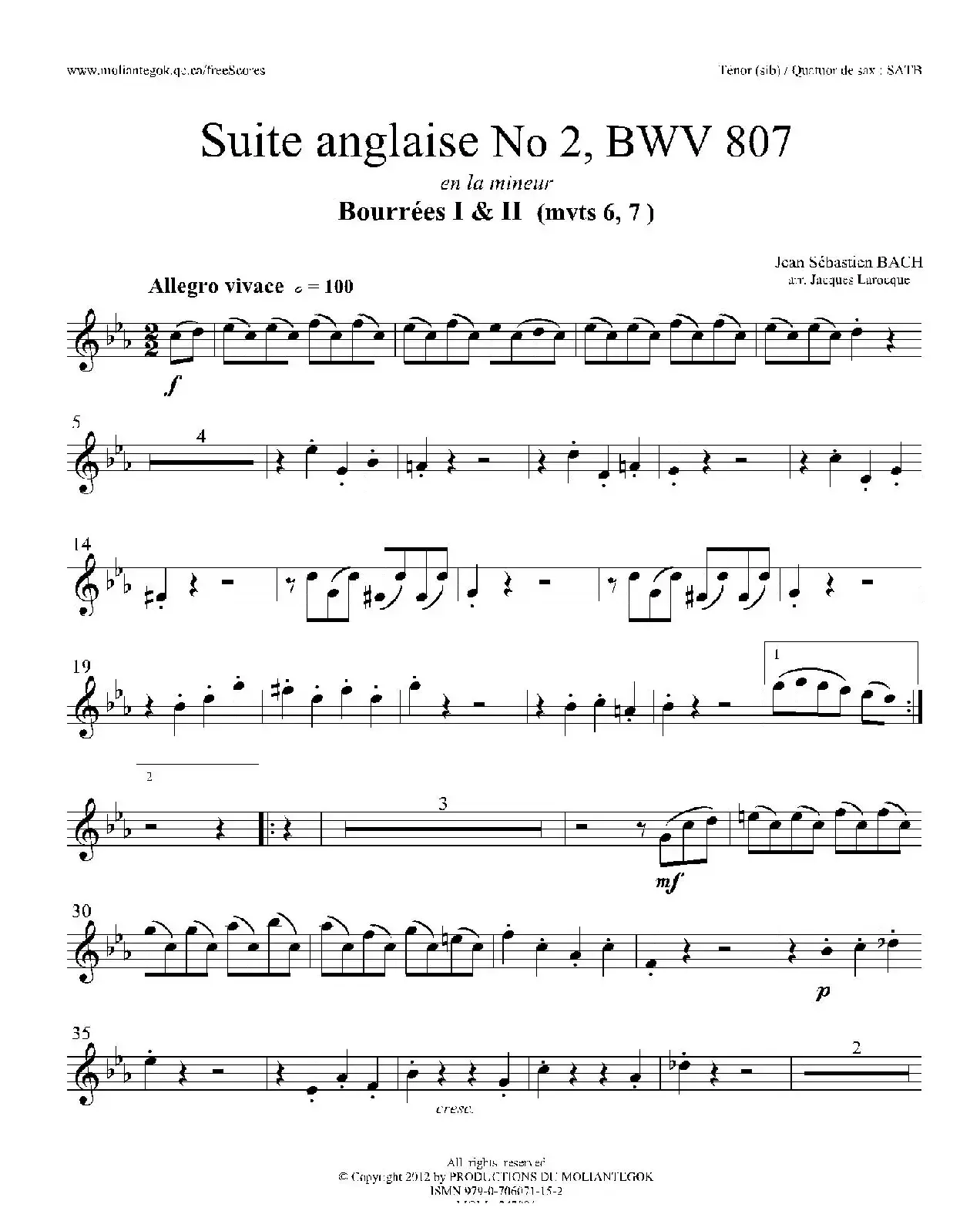 Suite anglaise No 2,BWV 807（法国组曲之二·布列舞曲）（次中音萨克斯分谱）