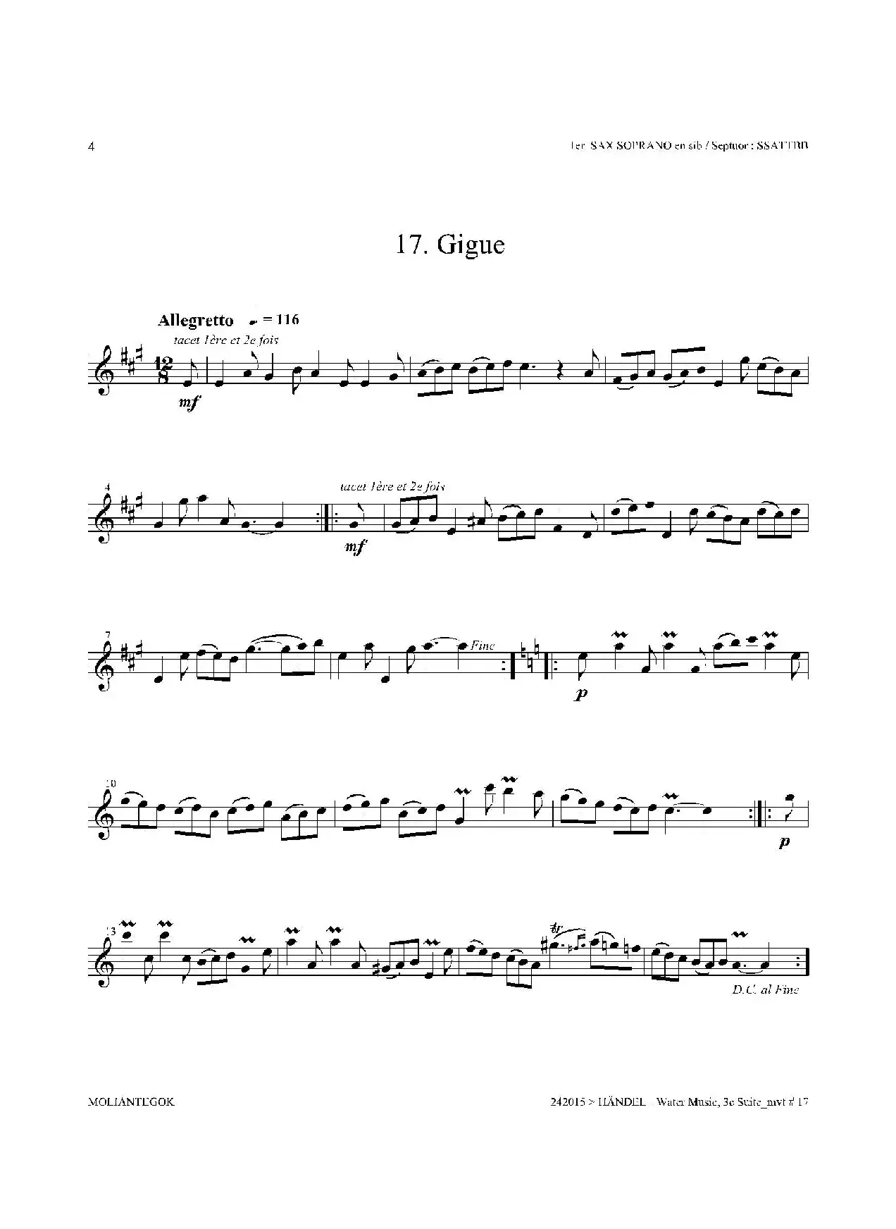 Water Music（HWV.350 No.3）（第一高音萨克斯）