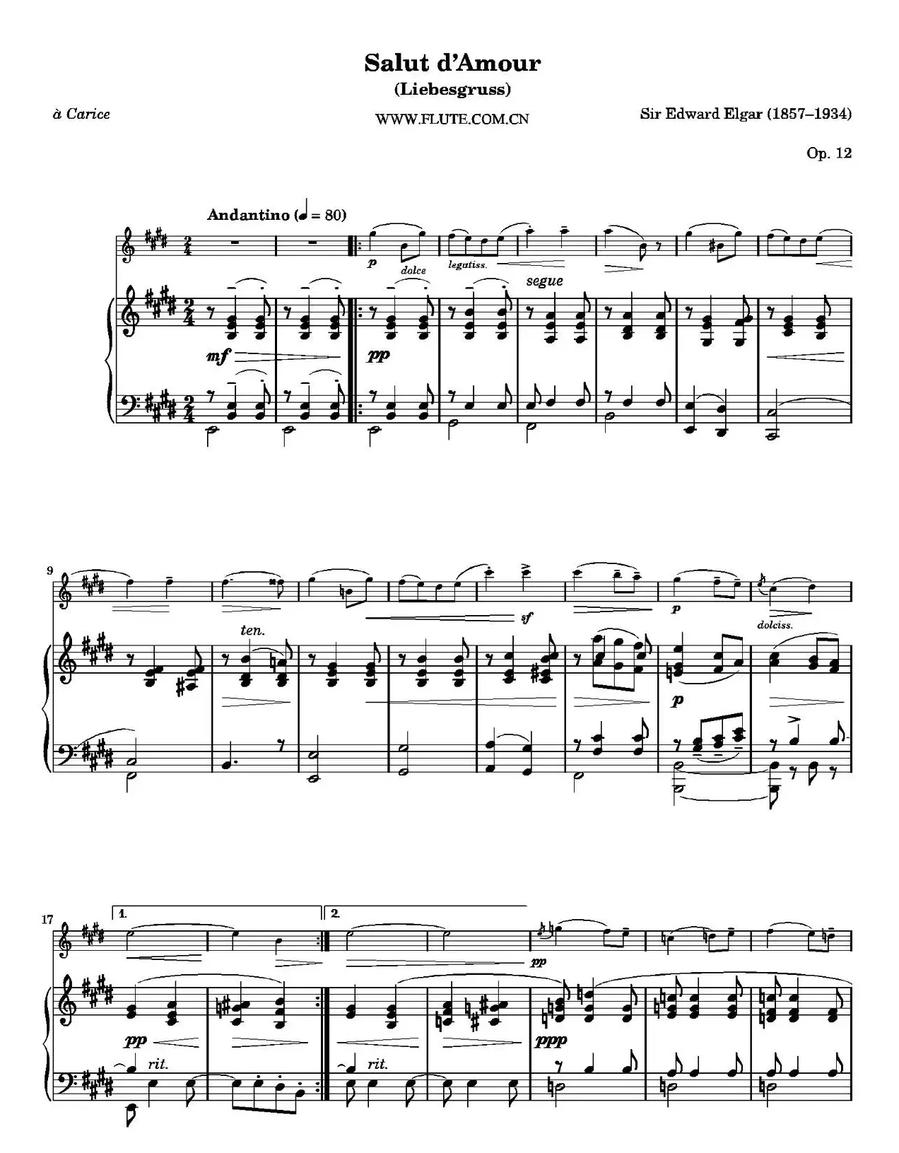 Salut d'Amour Op.12（爱的致意）（长笛+钢琴伴奏）