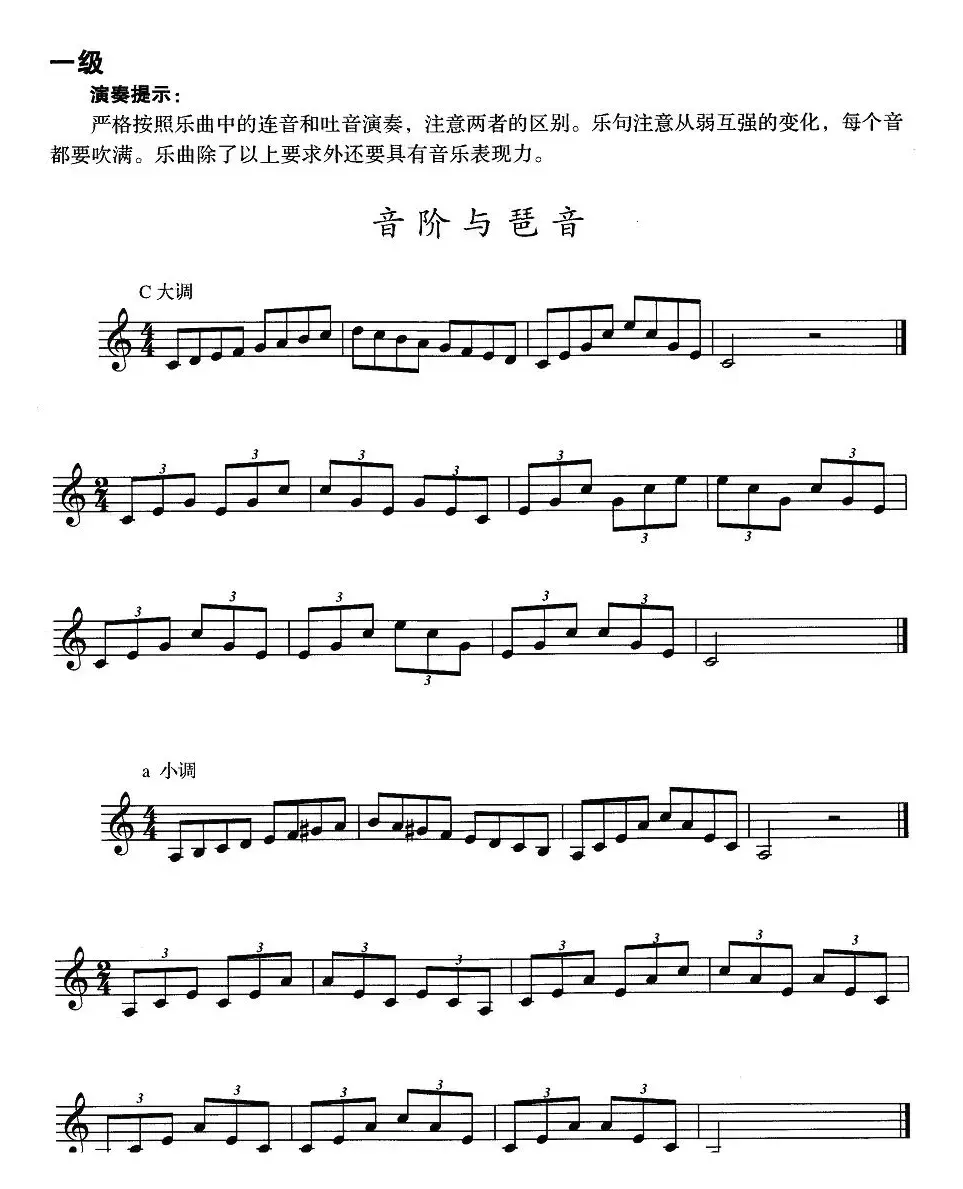 小号考级一级：音阶与琶音（F大调、d小调）