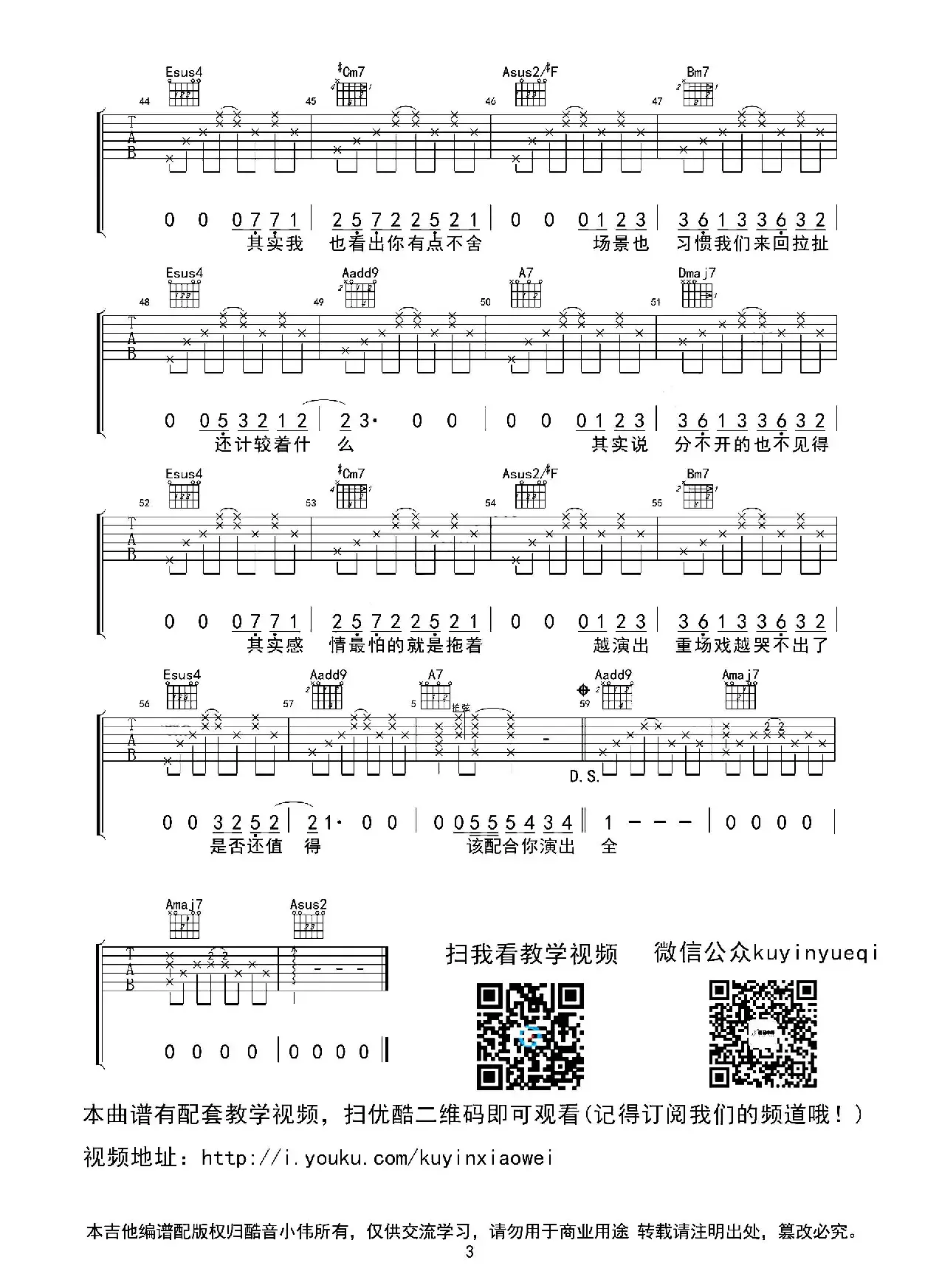 演员（薛之谦A调指法吉他谱）（酷音小伟编配）