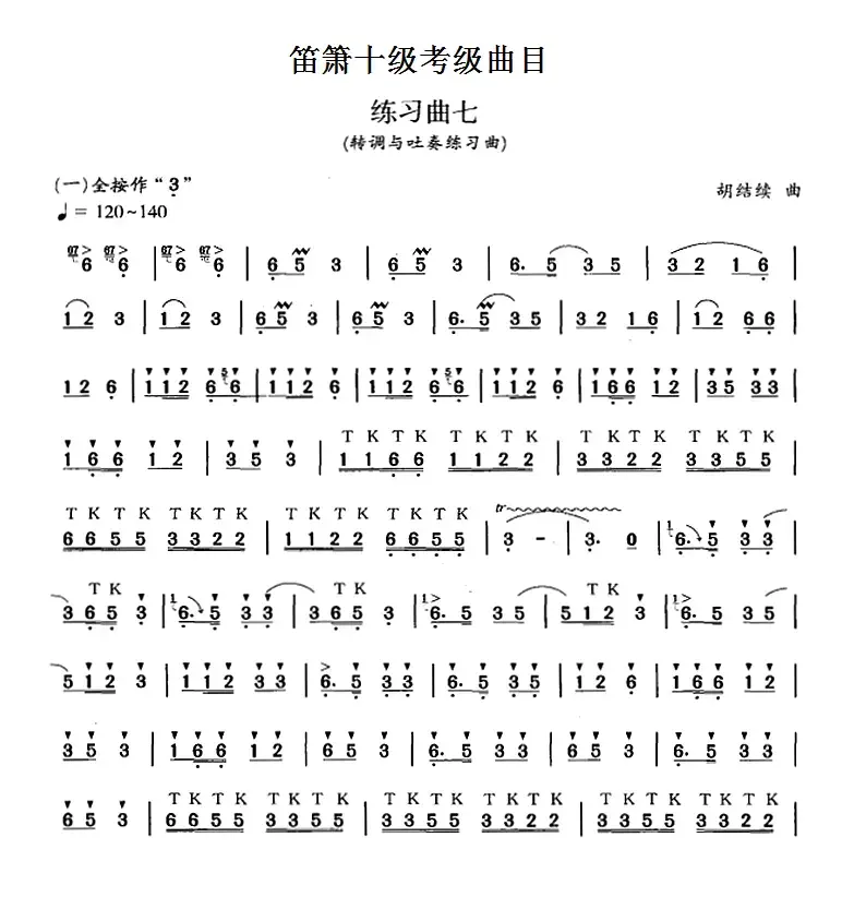 笛箫十级考级曲目：练习曲七（转调与吐奏练习曲）