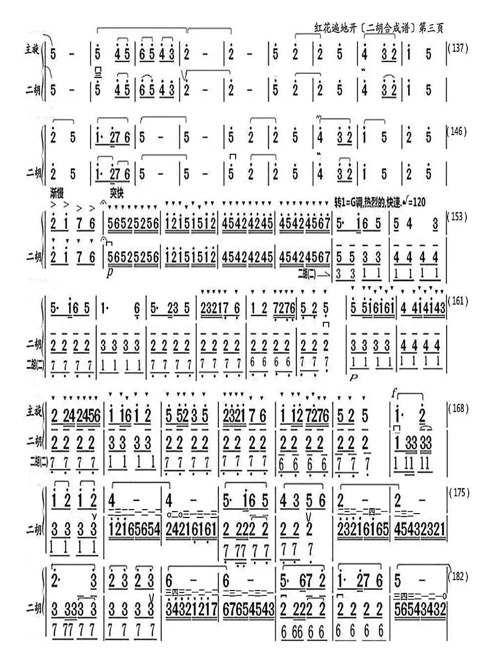 大寨红花遍地开（二胡与笛子主旋合成谱）