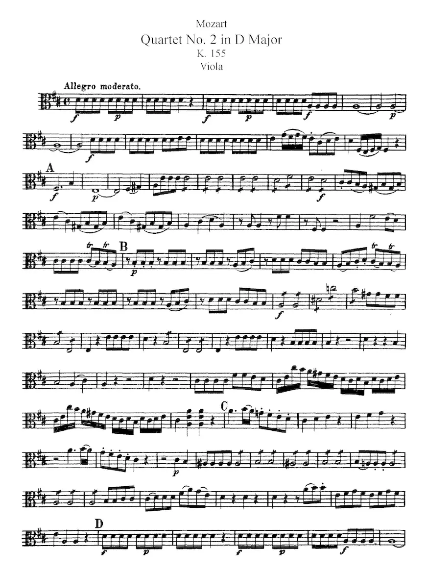 Mozart《Quartet No.2 in D Major,K.155》（Viola分谱）