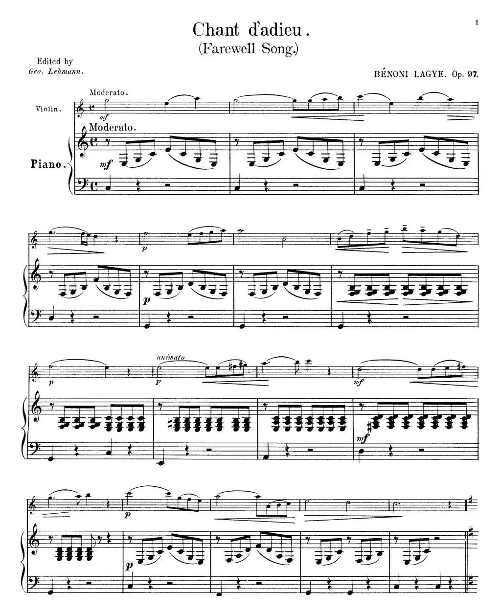 25首小提琴曲合集：Chant d'adieu.（Farewell Song.）（BENONI LAGYE.Op.97）（小提琴+钢琴伴奏）