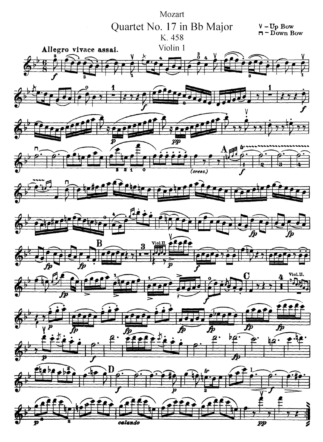 Mozart《Quartet No.17 in Bb Major,K.458》（Violin 1分谱）