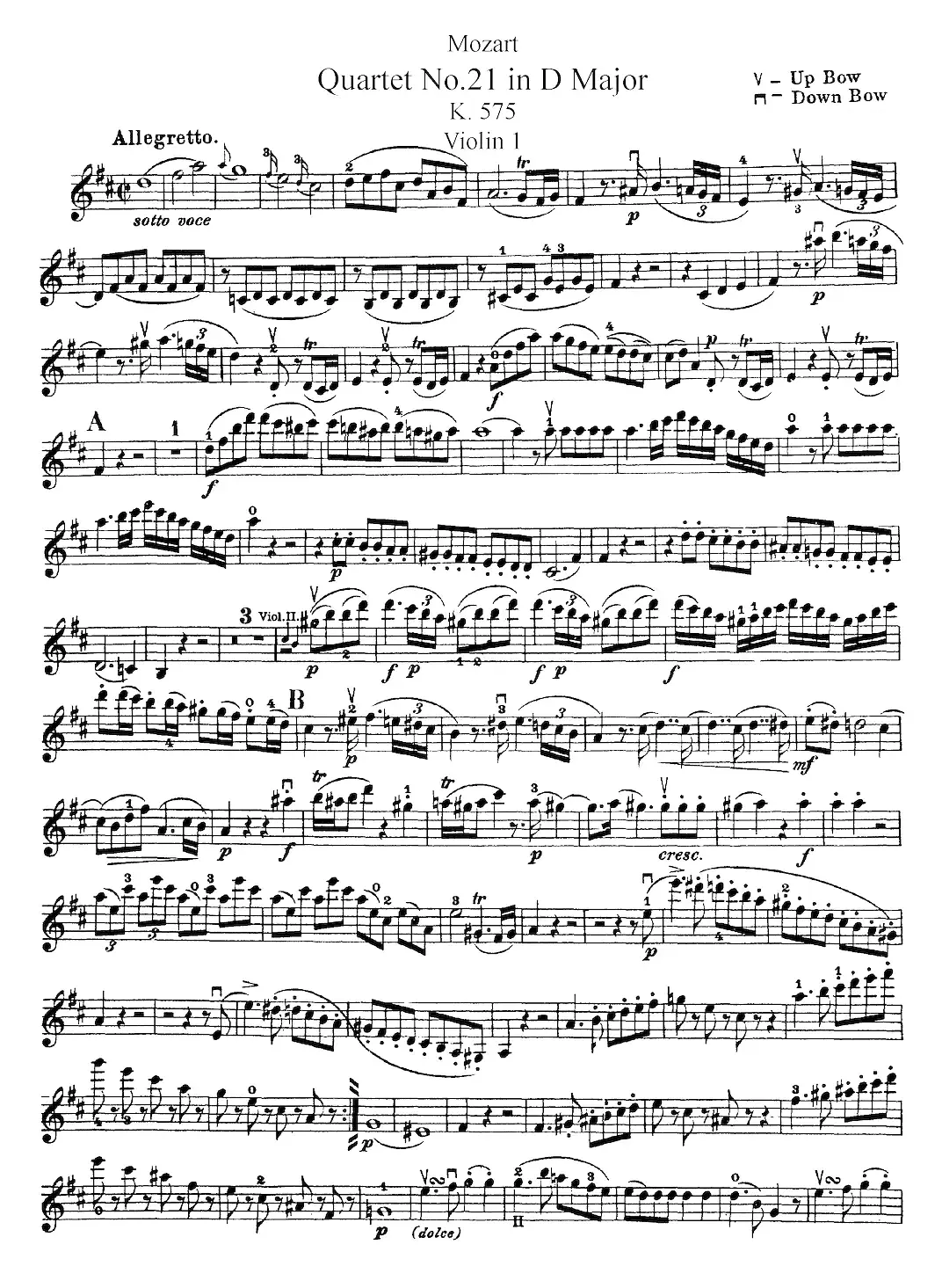 Mozart《Quartet No.21 in D Major,K.575》（Violin 1分谱）