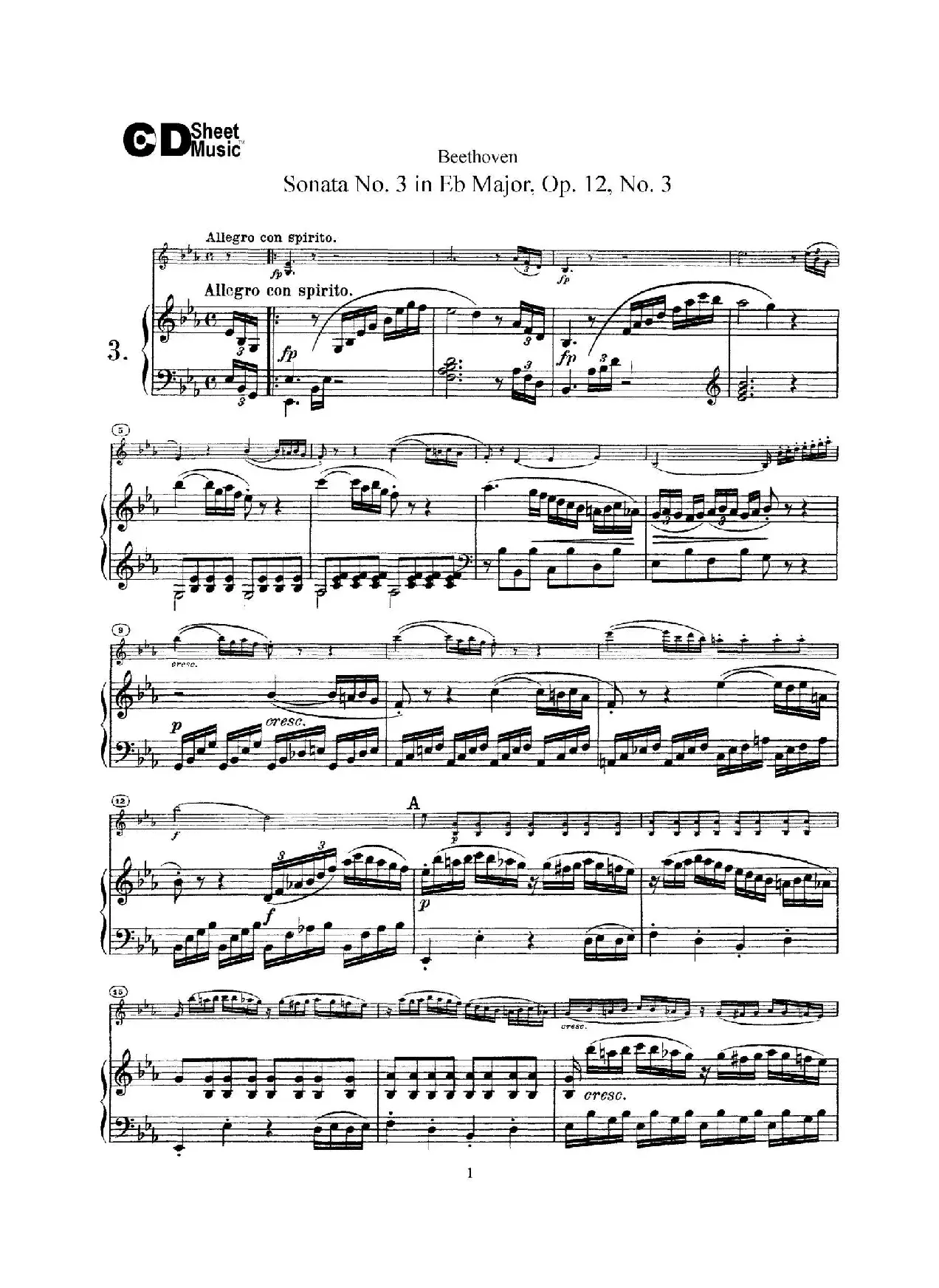 降E大调第三小提琴奏鸣曲（Sonata No.3 in Eb Major Op.12,No.3）（小提琴+钢琴伴奏）