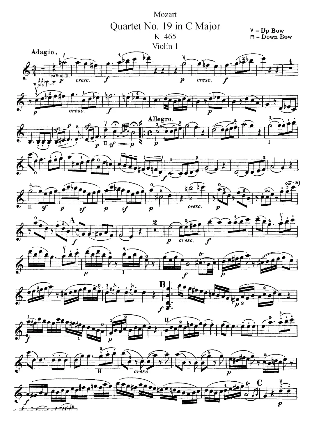 Mozart《Quartet No.19 in C Major,K.465》（Violin 1分谱）