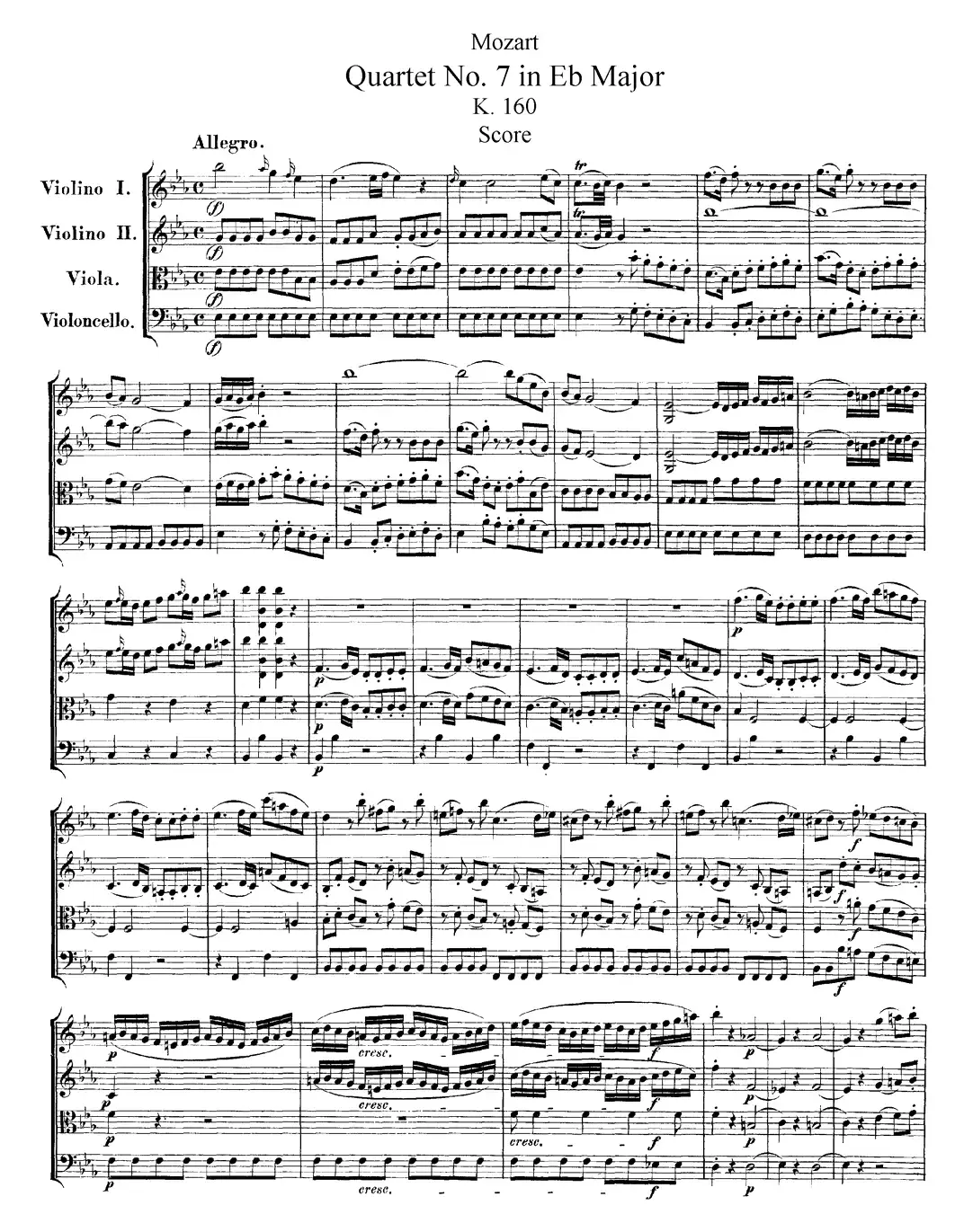 Mozart《Quartet No.7 in Eb Major,K.160》（总谱）