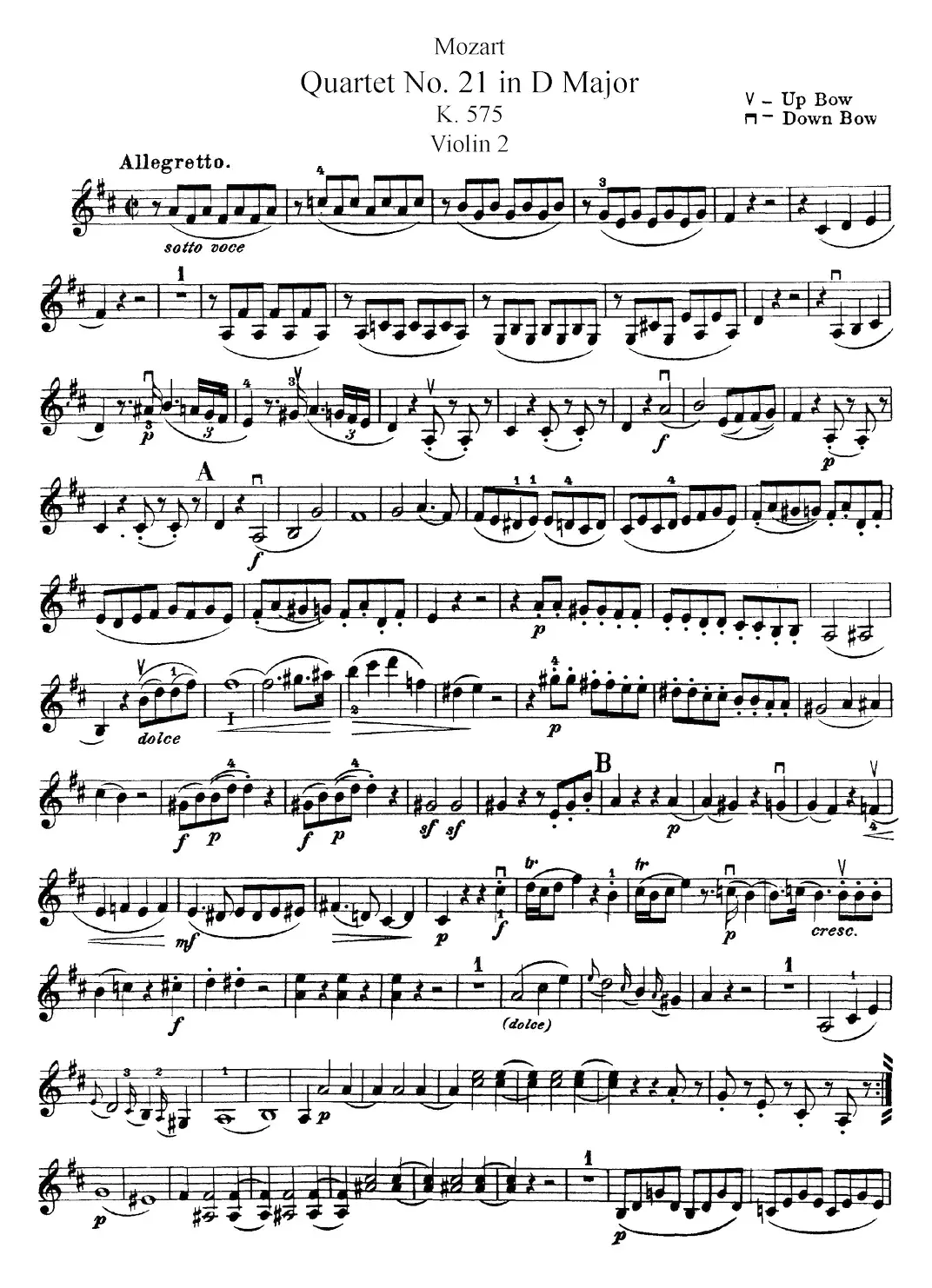 Mozart《Quartet No.21 in D Major,K.575》（Violin 2分谱）