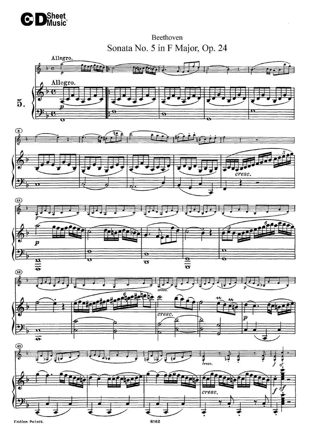 Violin Sonata No.5 in F Major Op.24（小提琴+钢琴伴奏）